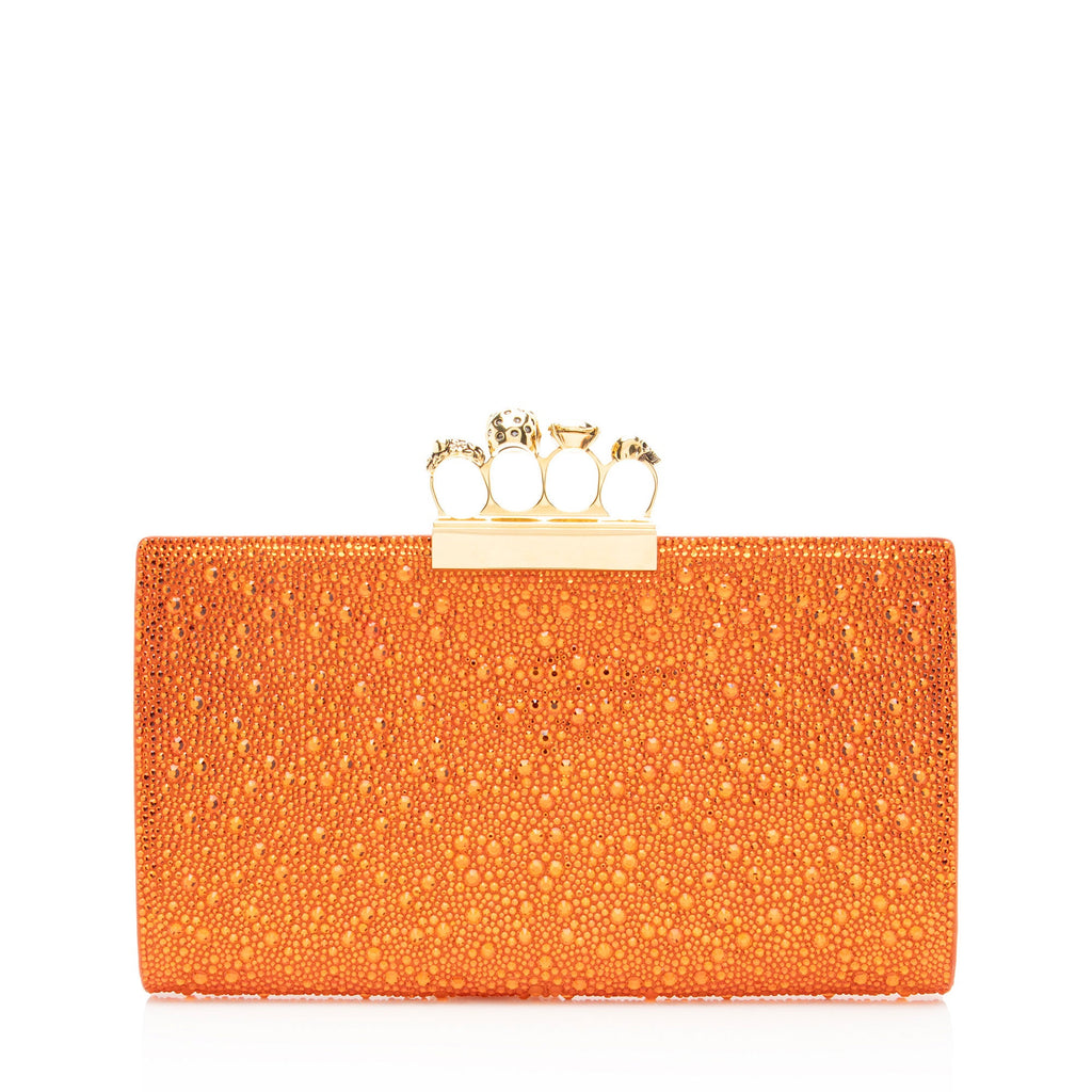 Alexander McQueen Satin Crystal Embellished Skull Four-Ring Flat Clutch