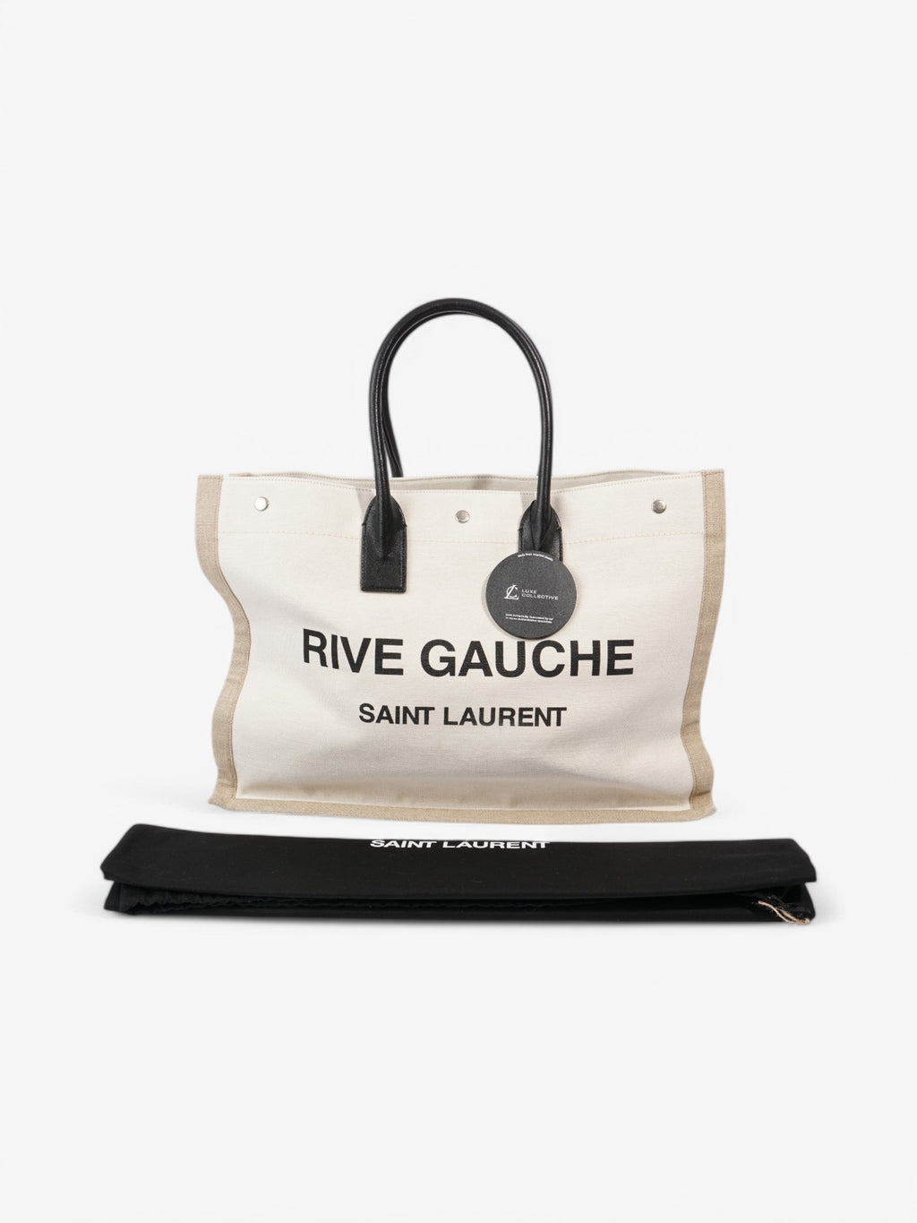 Saint Laurent Rive Gauche Tote White / Black / Greige Canvas Large