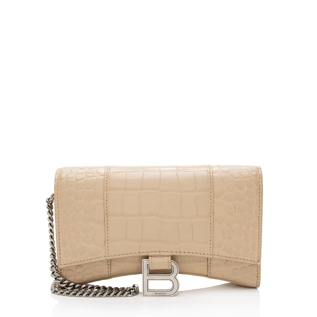Balenciaga Shiny Croc Embossed Calfskin Hourglass Wallet on Chain