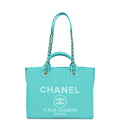Chanel Small Deauville Shopping Tote Turquoise Canvas Light Gold Hardware