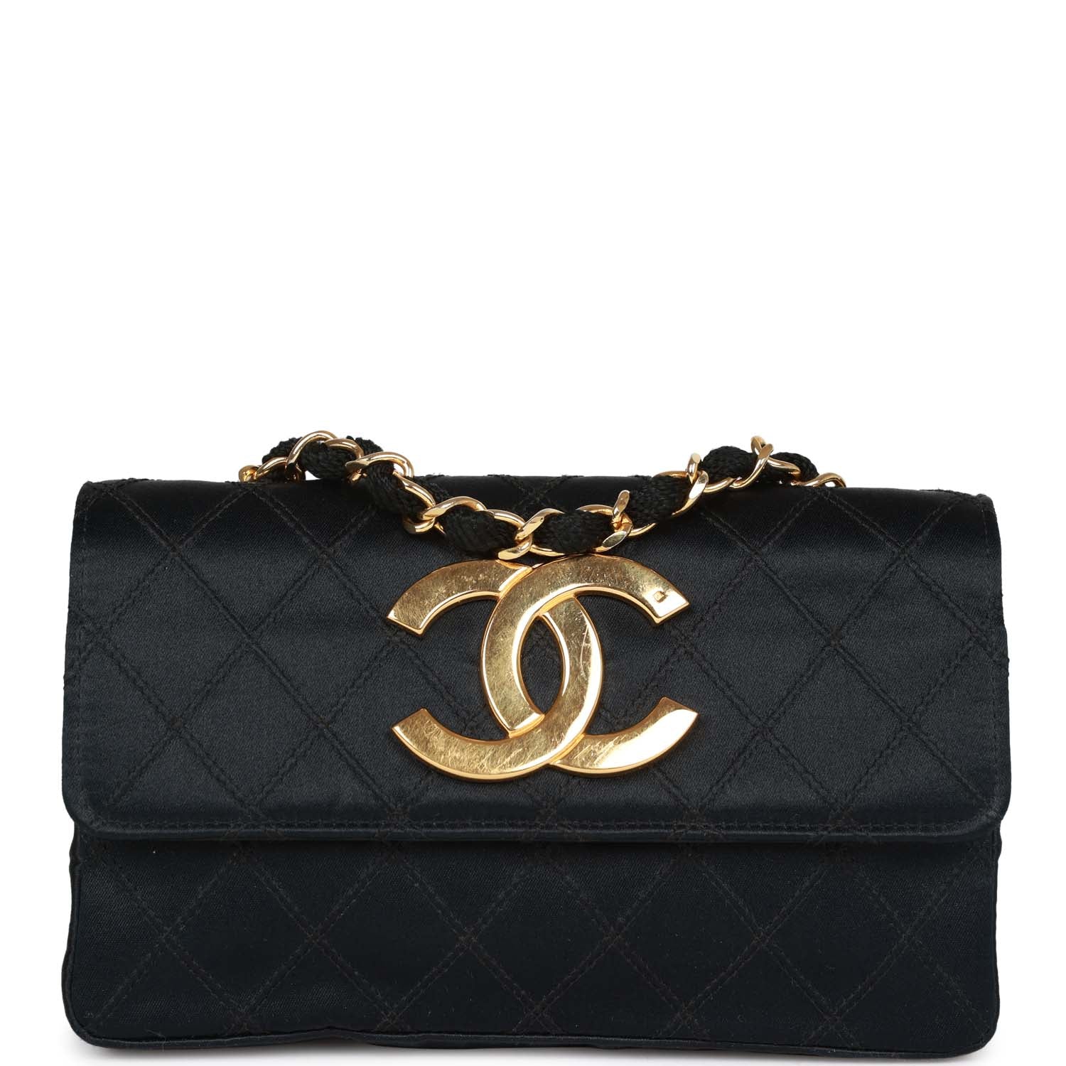 Chanel Vintage CC Shoulder Flap Bag Black Satin Gold Hardware
