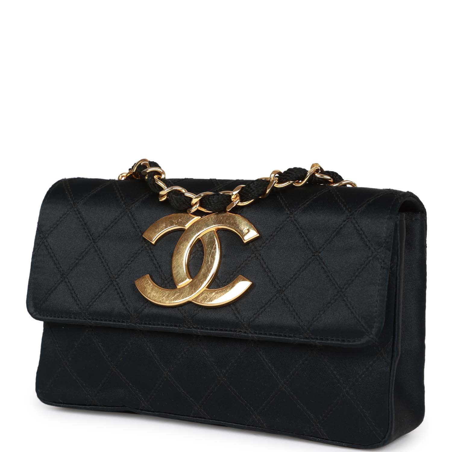 Chanel Vintage CC Shoulder Flap Bag Black Satin Gold Hardware