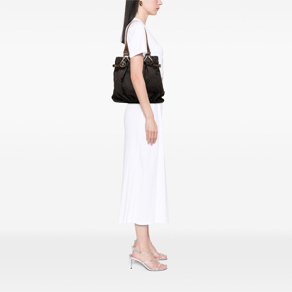 Celine Embossed Leather Trimmed Macadam Canvas Vertical Tote