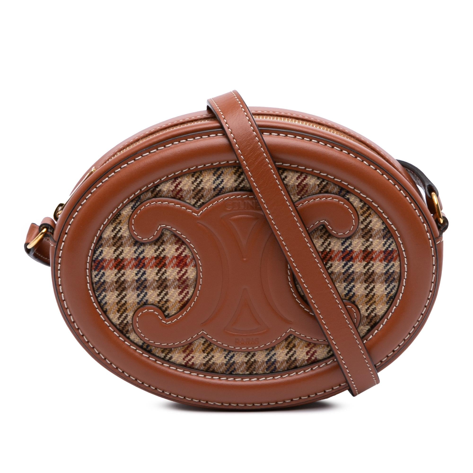 Celine Small Houndstooth Canvas and Calfskin Cuir Triomphe Oval Crossbody