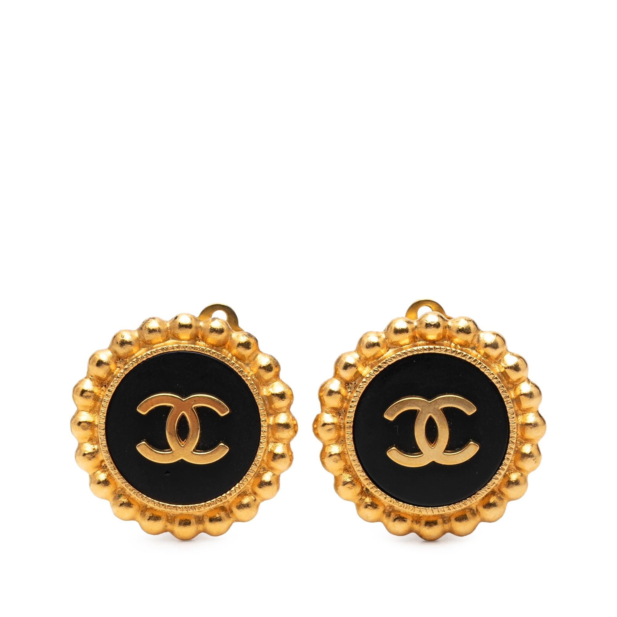 Chanel CC Gold Plated and Enamel Button Clip On Earrings