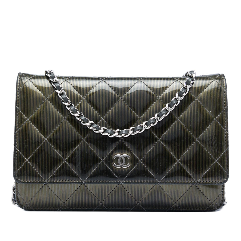 Chanel CC Quilted Striated Metallic Patent Wallet on Chain
