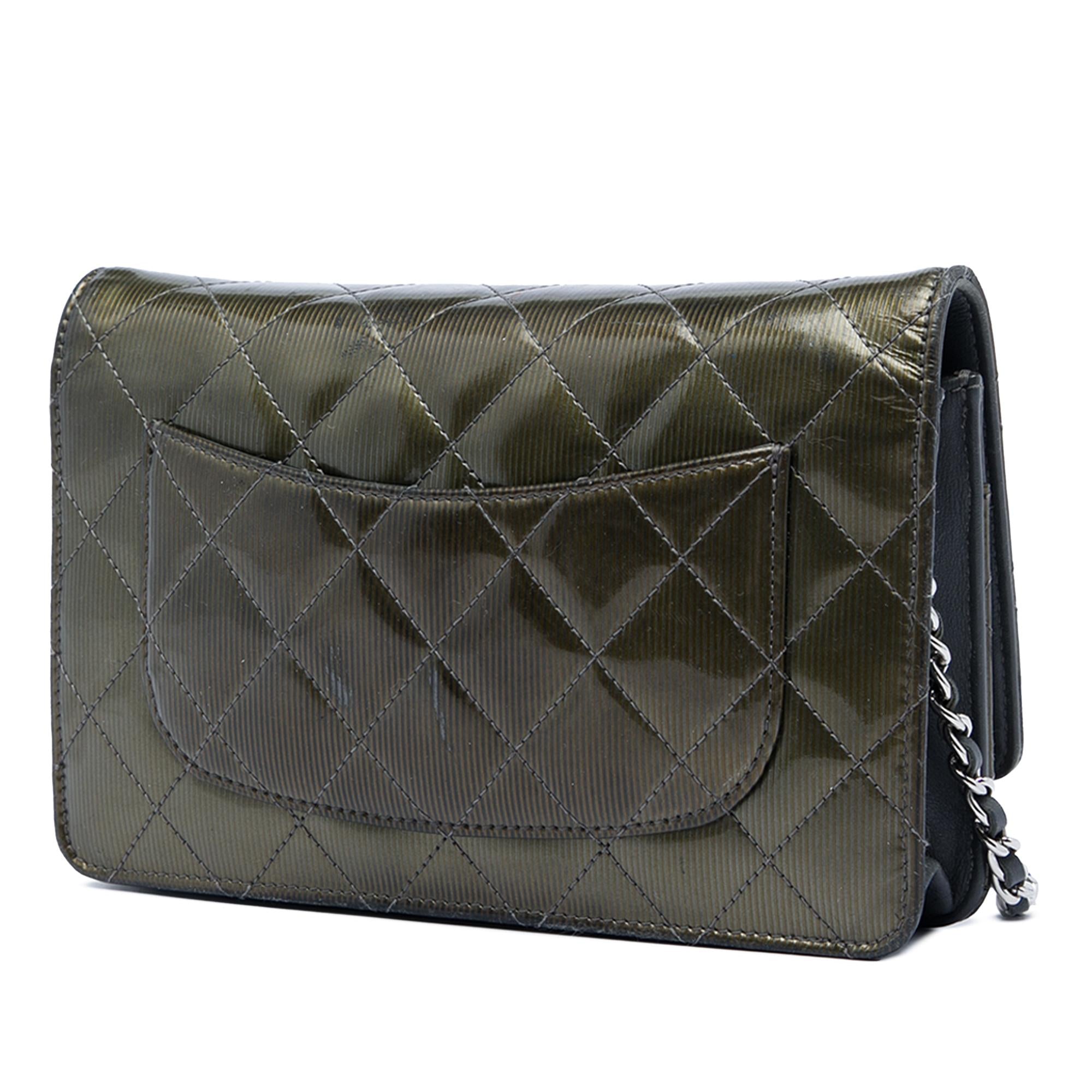 Chanel CC Quilted Striated Metallic Patent Wallet on Chain