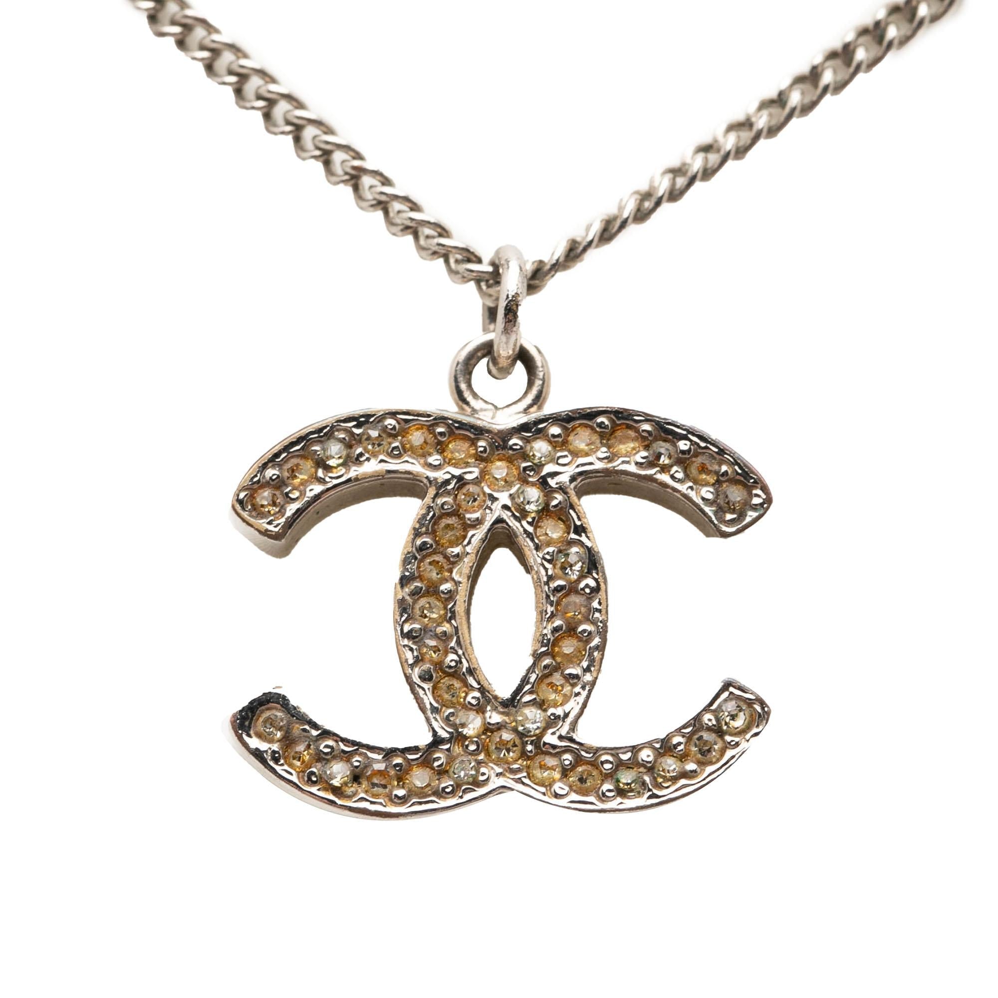 Chanel CC Silver Plated Rhinestone Pendant Necklace
