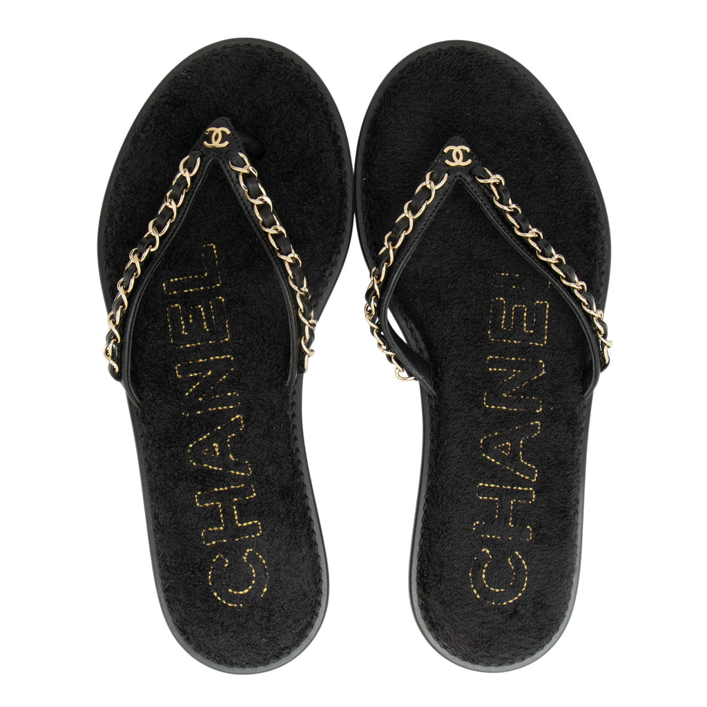 Chanel Lambskin Terrycloth Chain CC Thong Sandals - Size 6 / 36