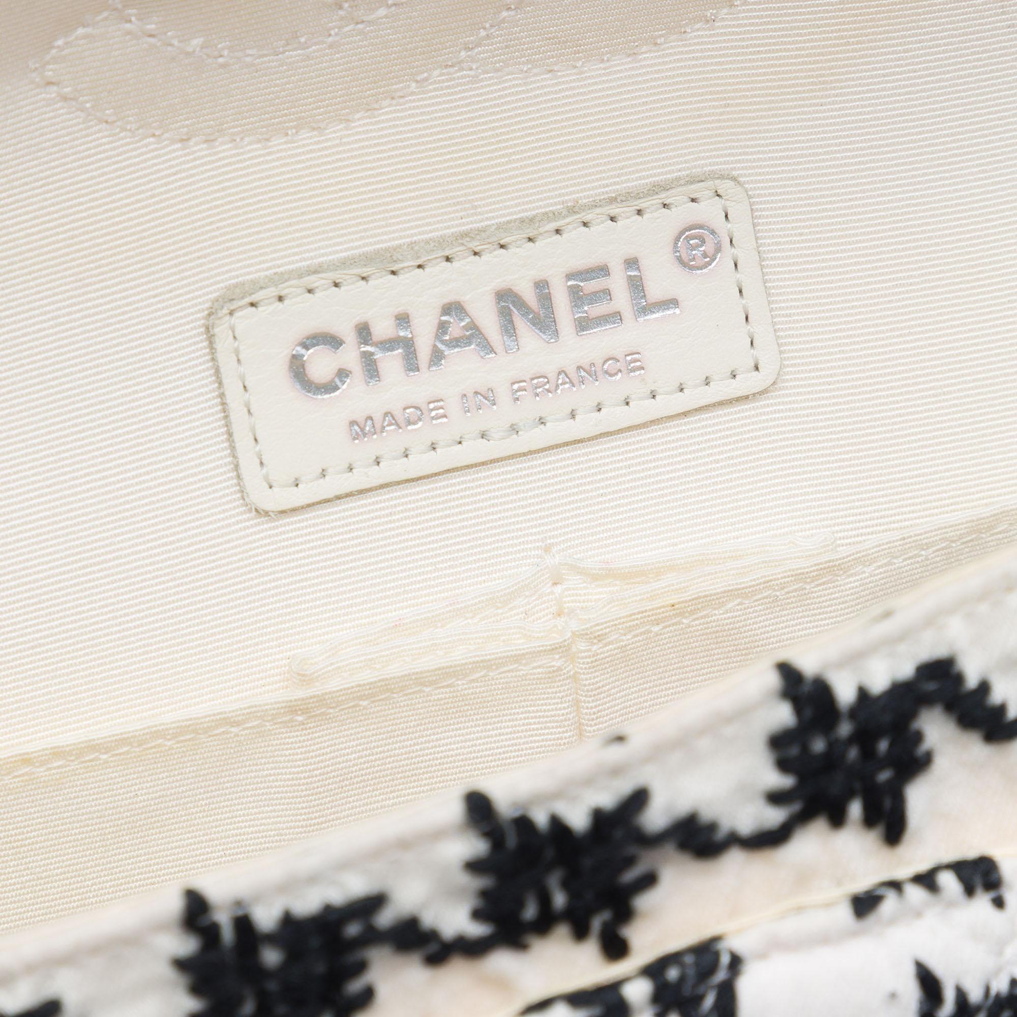 Chanel Medium Classic Embroidered Canvas Houndstooth Pom Pom Flap