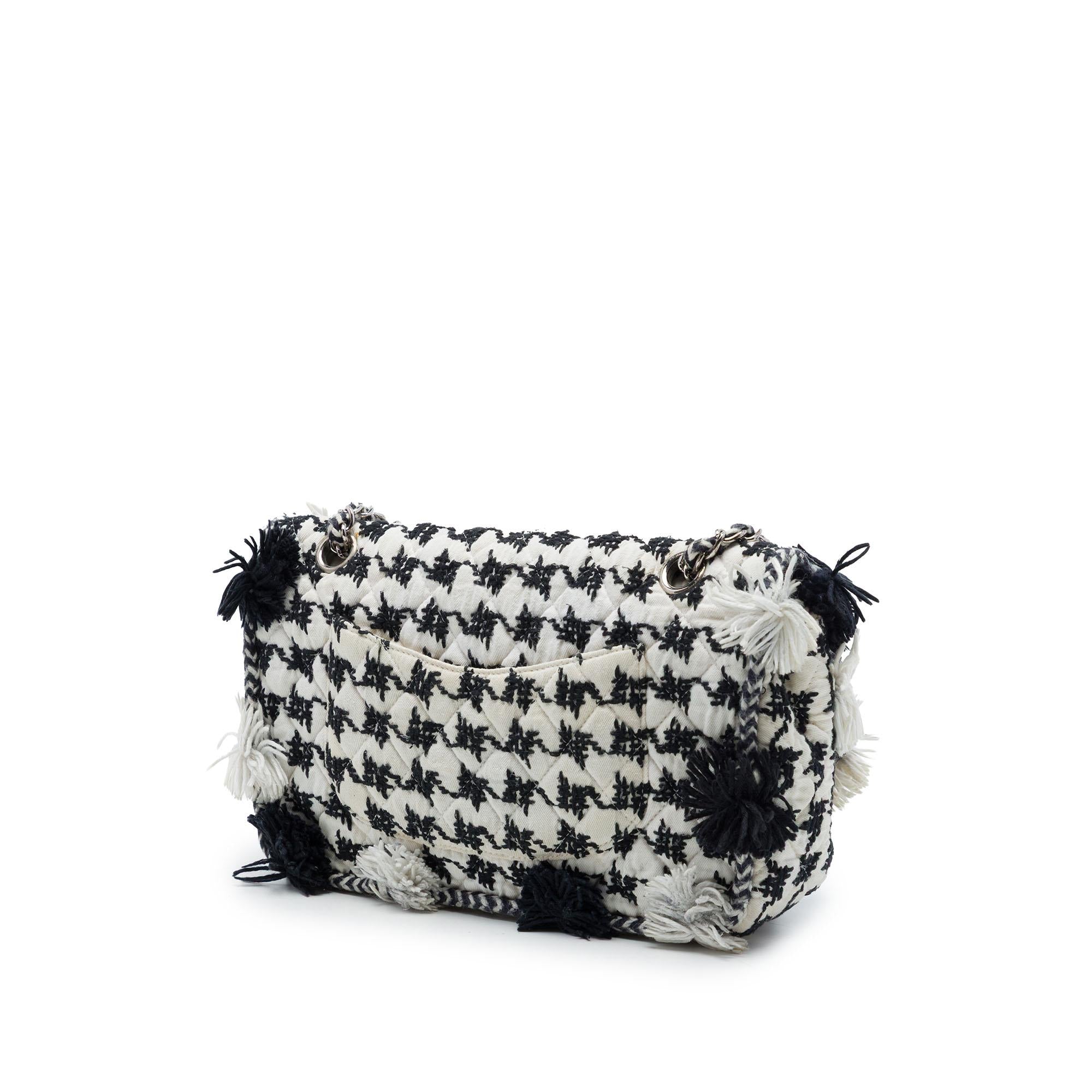 Chanel Medium Classic Embroidered Canvas Houndstooth Pom Pom Flap