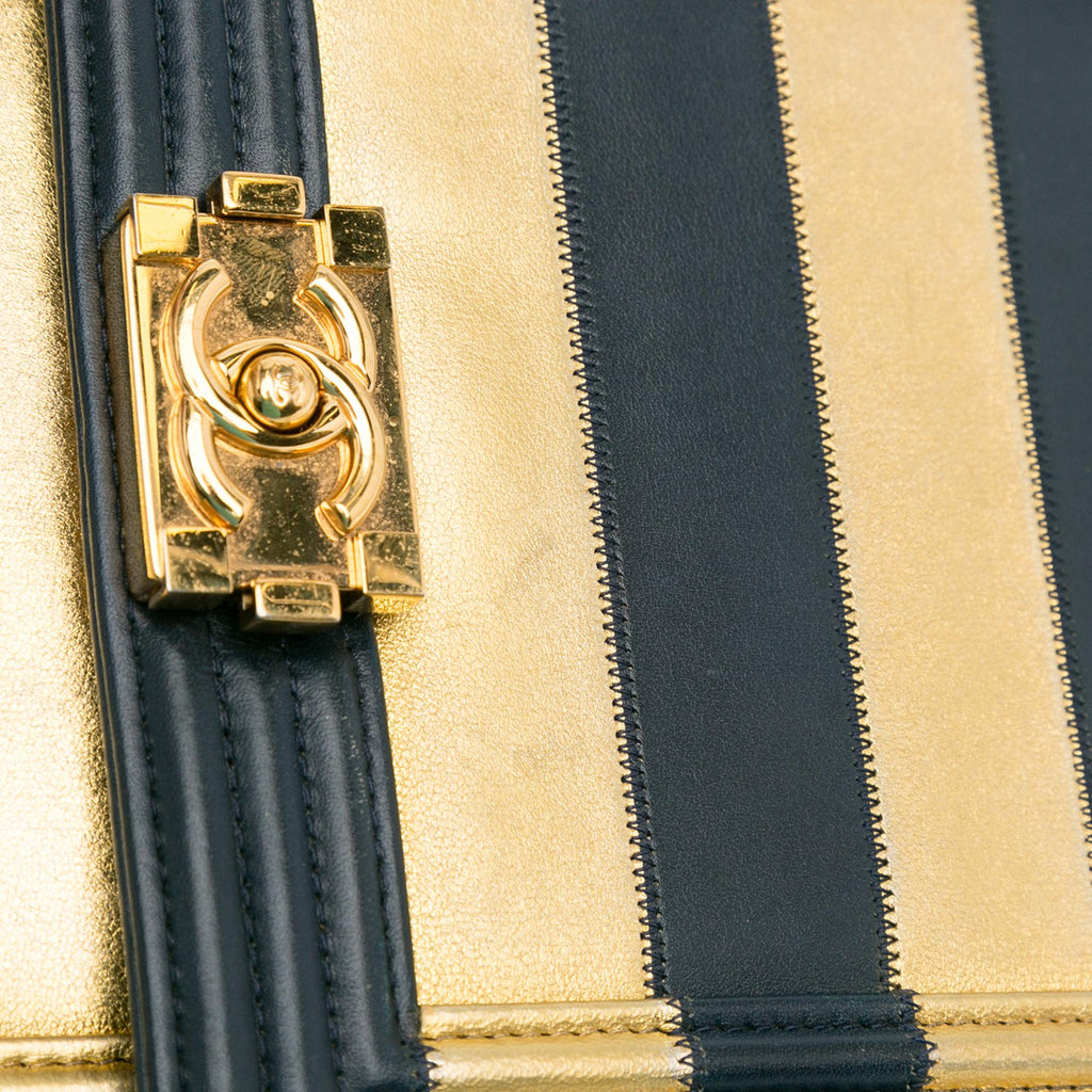 Chanel Paris New York Metallic Lambskin Striped North South Boy Flap