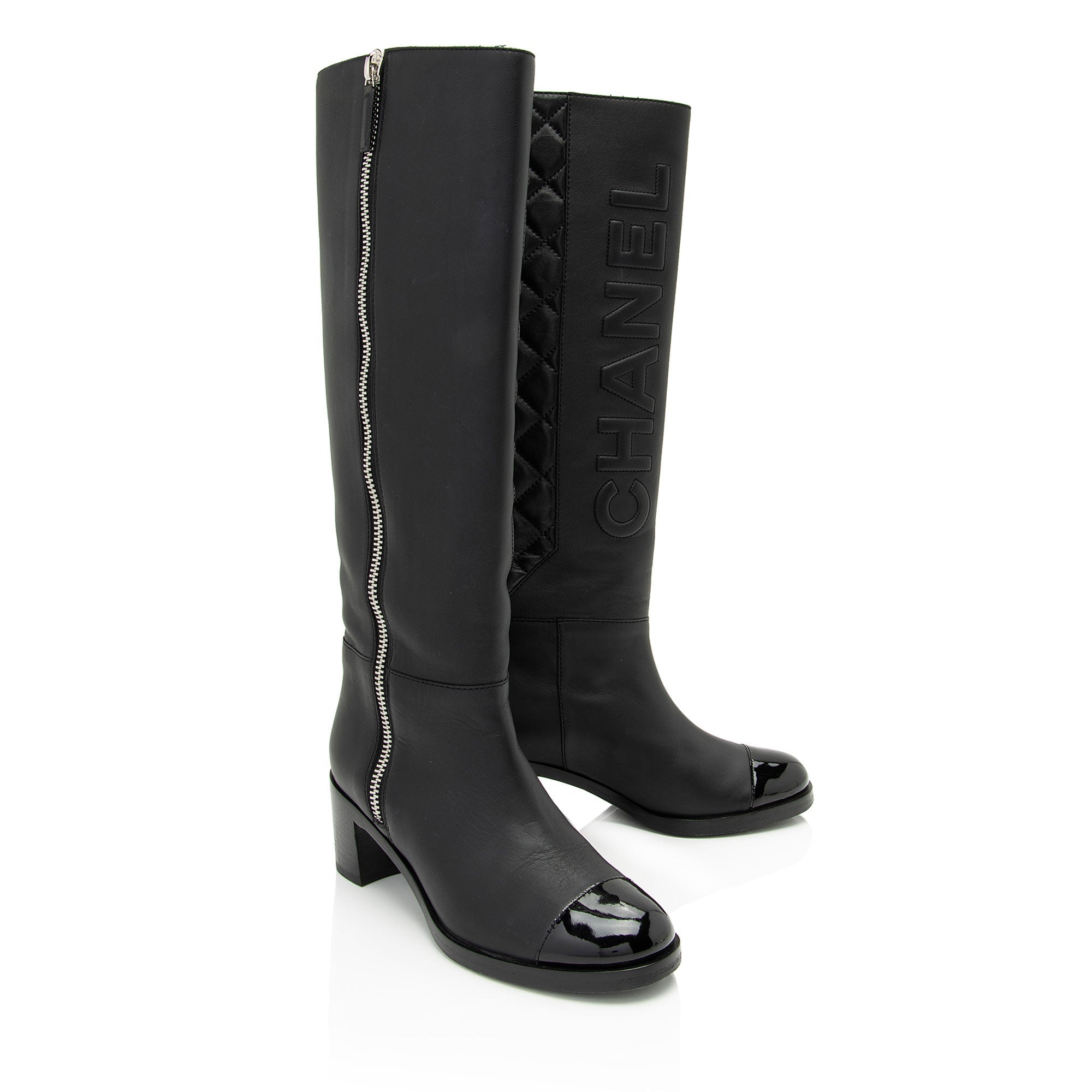 Chanel Quilted Calfskin Patent Leather Cap Toe Logo Boots - Size 7 / 37 (SHF-1bljRC)