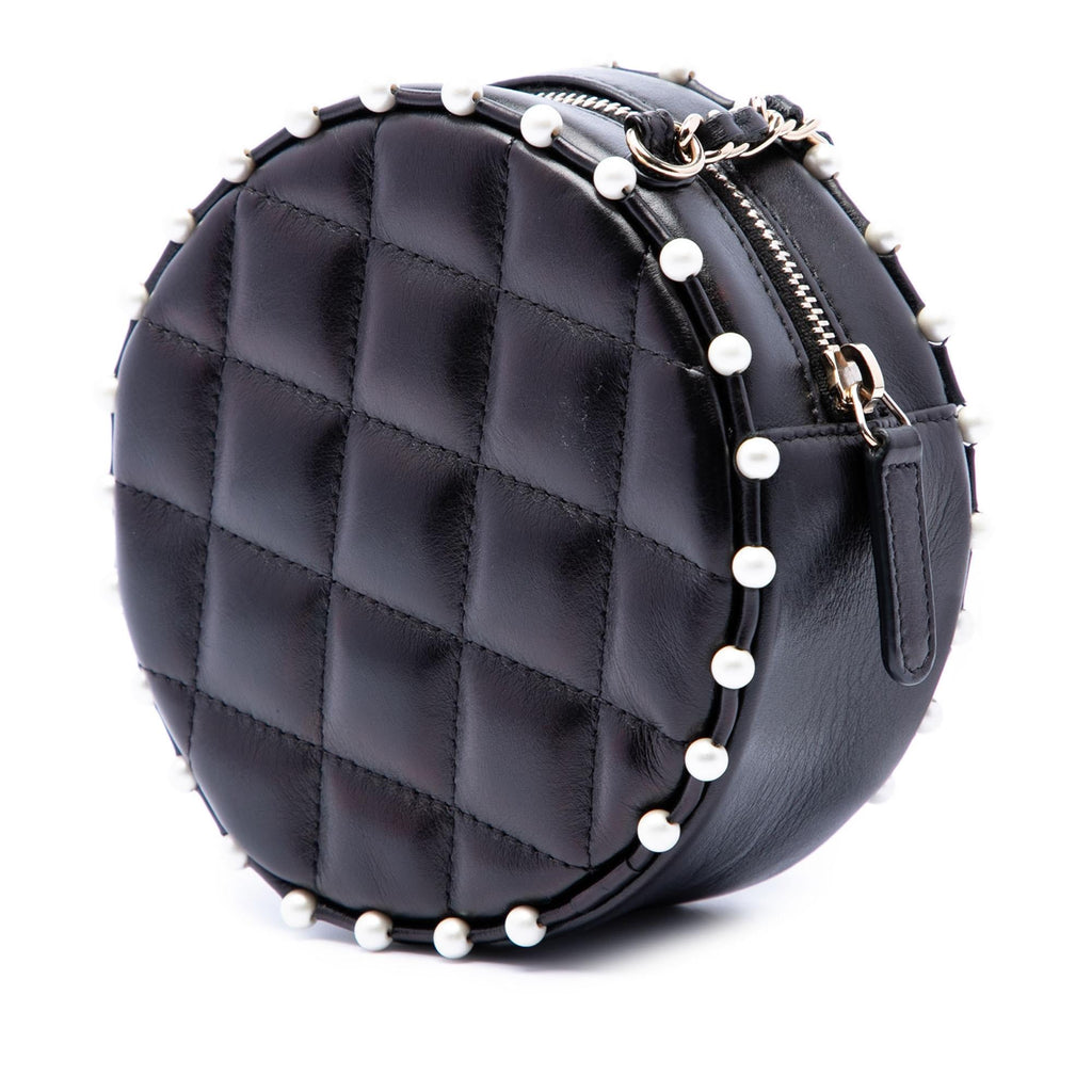Chanel Quilted Calfskin Pearl Studded Round Clutch with Chain