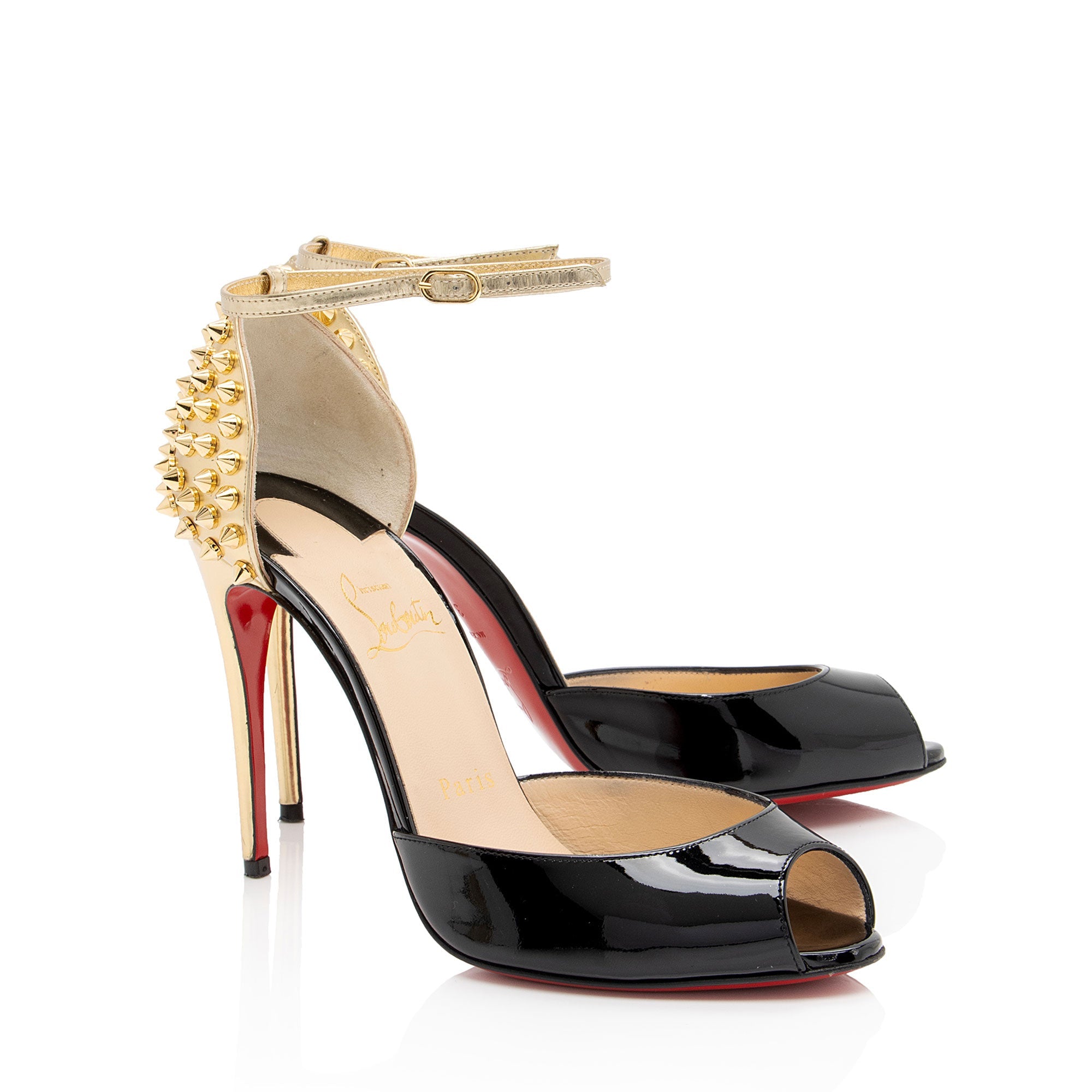 Christian Louboutin Patent Leather Spiked Pina Peep Toe Pumps - Size 7.5 / 37.5 (SHF-zYVRlN)
