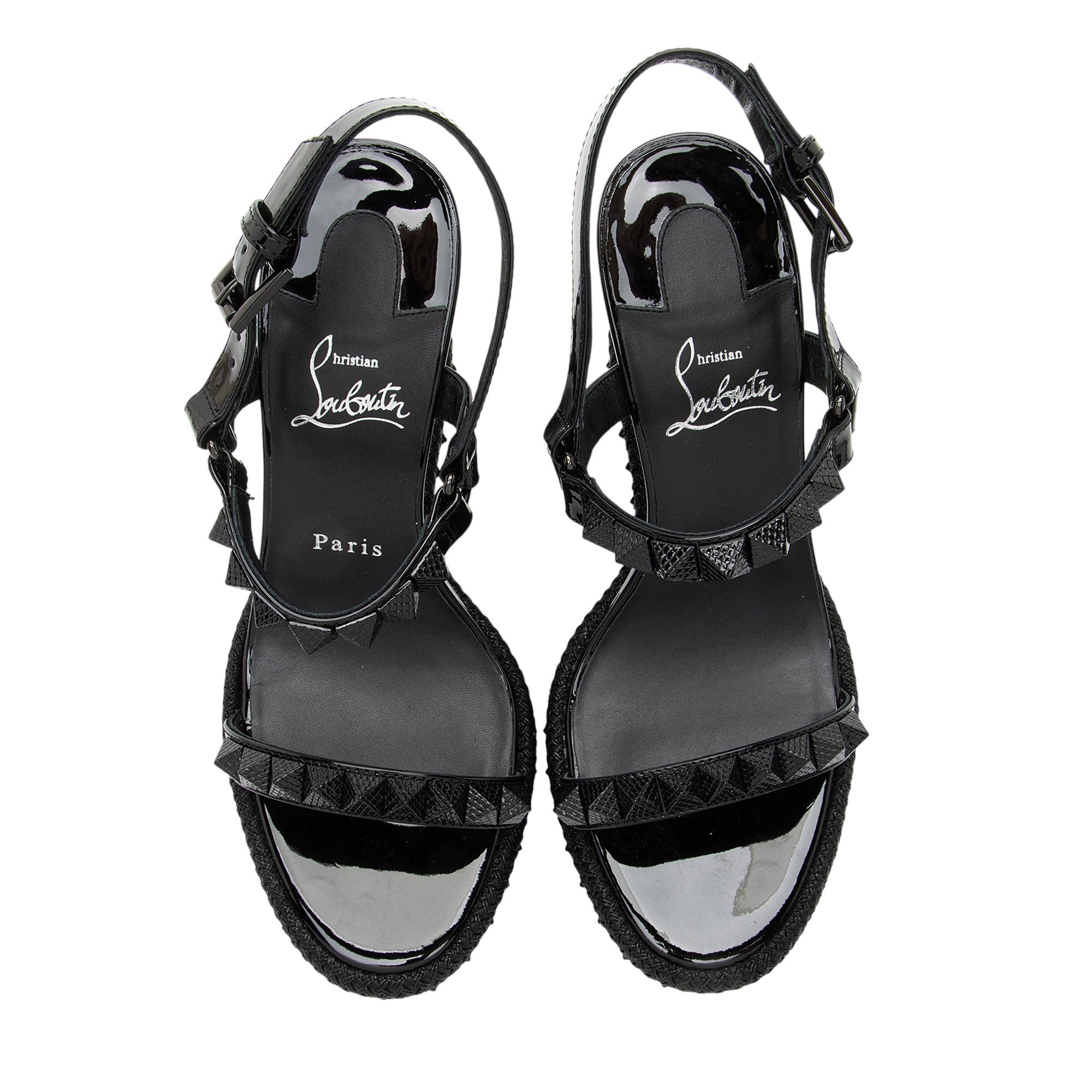 Christian Louboutin Patent Leather Spiked Pyraclou Wedge Sandals - Size 9 / 39