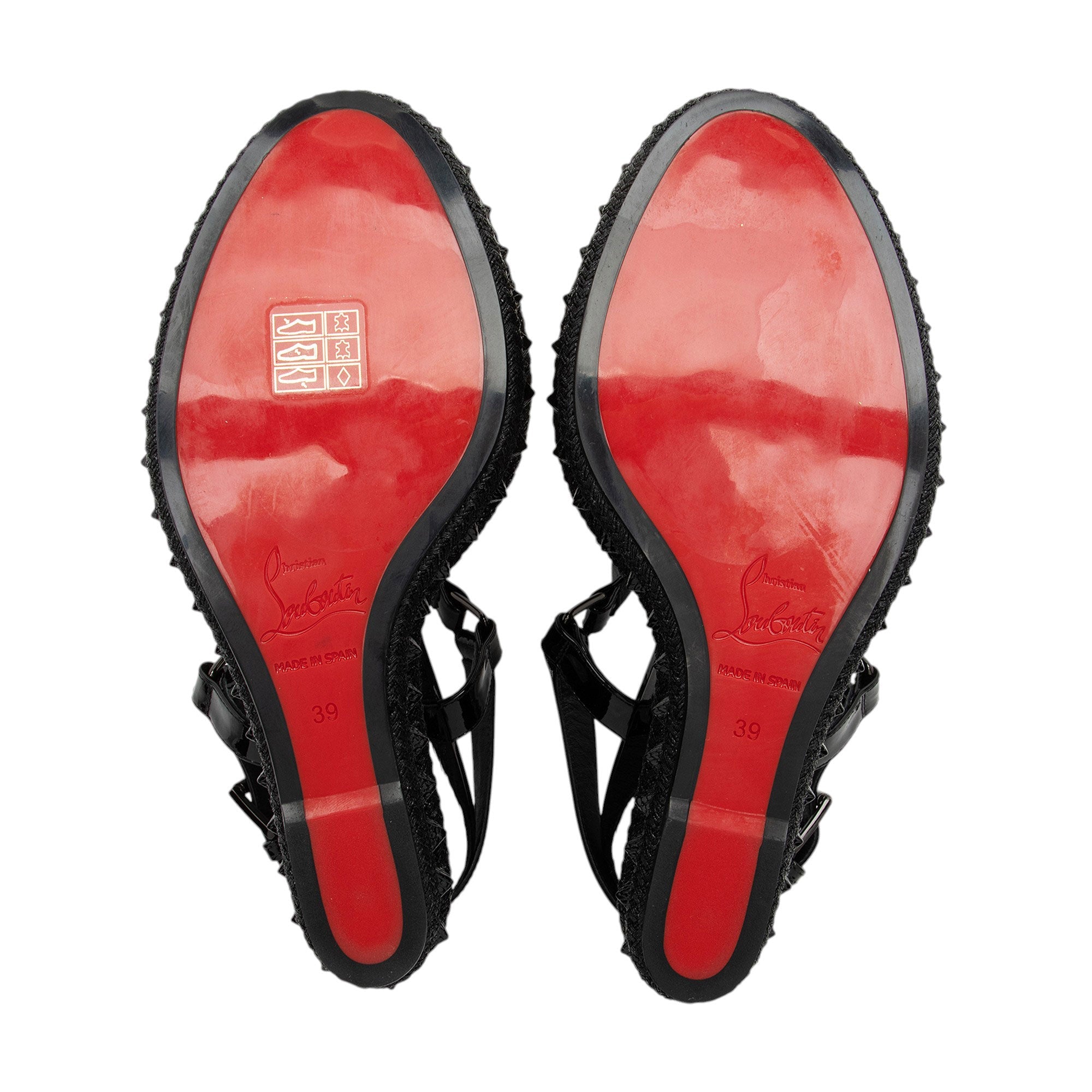 Christian Louboutin Patent Leather Spiked Pyraclou Wedge Sandals - Size 9 / 39