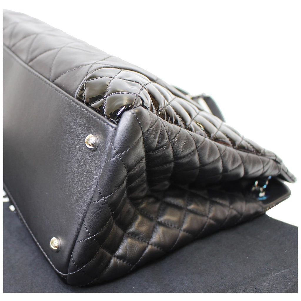 CHANEL CC Charm Quilted Lambskin Patent Leather Tote Bag Black