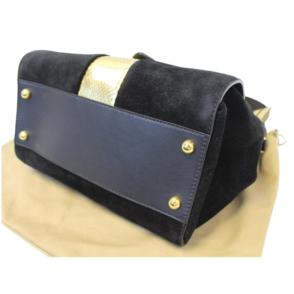 BURBERRY The Medium Buckle Suede and Snakeskin Tote Shoulder Bag Black