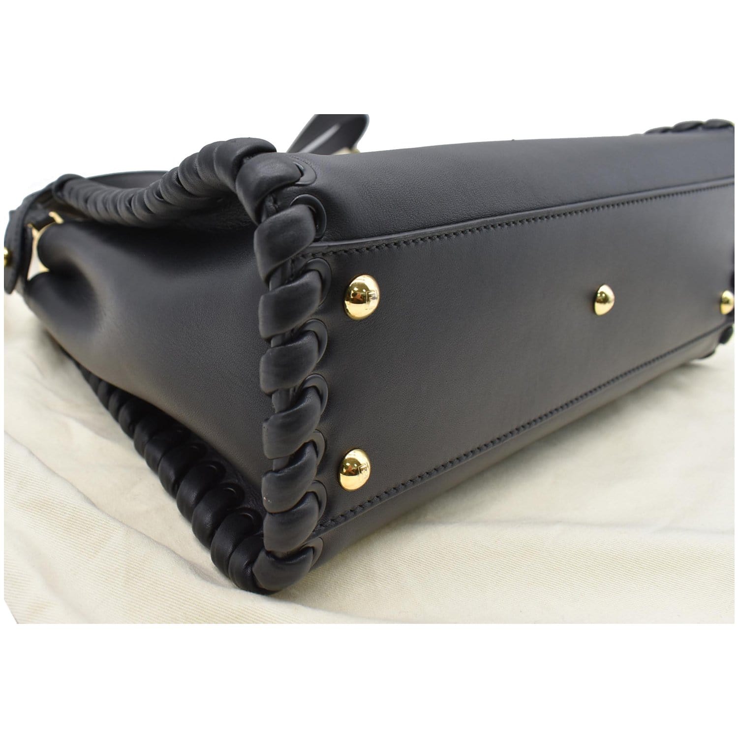 FENDI Peekaboo Medium Whipstitch Leather Satchel Shoulder Bag Black