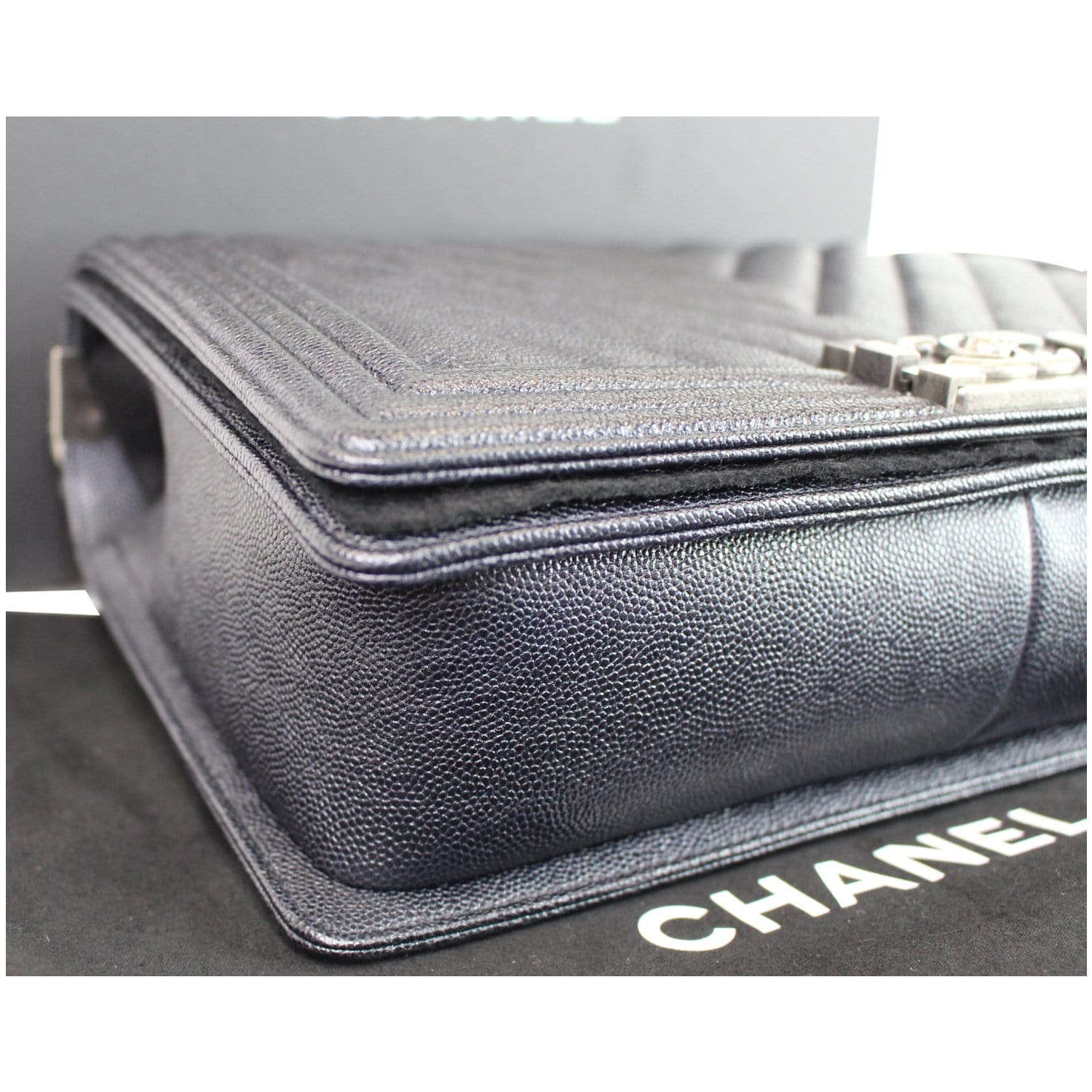 Chanel Boy New Medium Chevron Caviar Shoulder Bag Navy