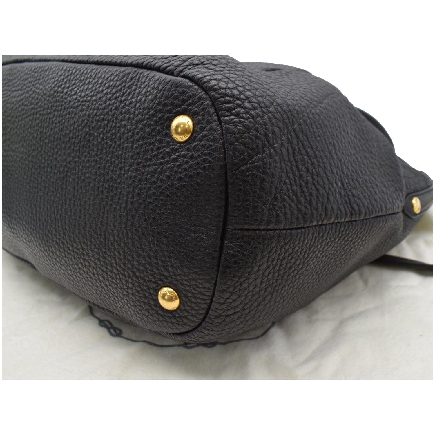 PRADA Sughero Vitello Daino Leather Tote Shoulder Bag Black