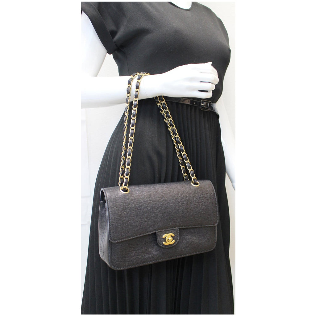 CHANEL Classic Pure Caviar Medium Double Flap Leather Shoulder Bag Black