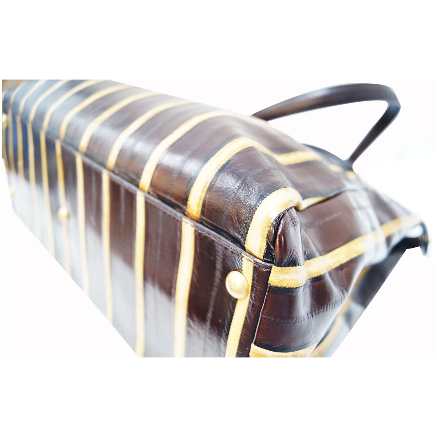 FENDI Peekaboo Striped Eel Skin Leather Shoulder Bag Brown