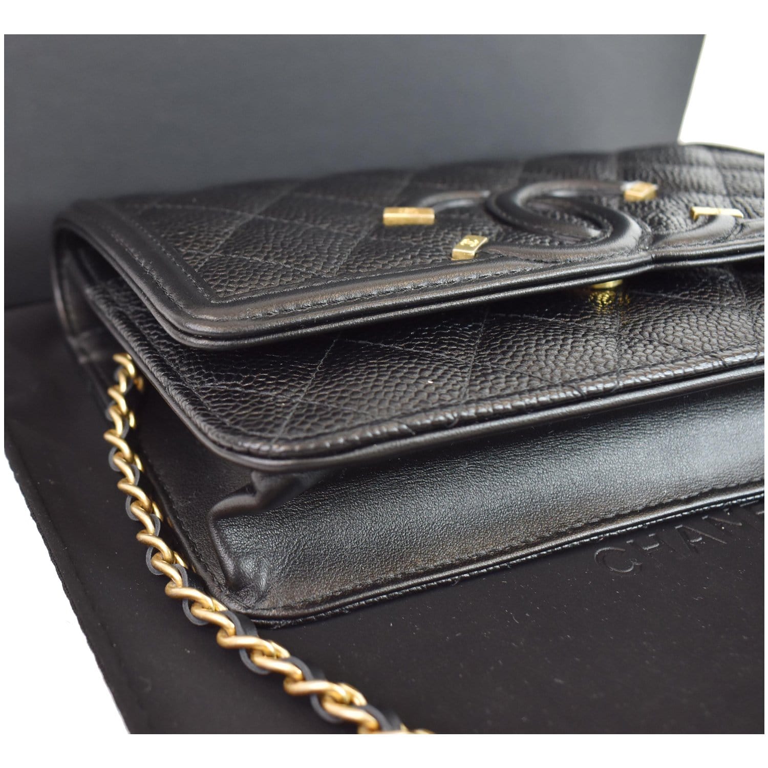 CHANEL CC Filigree Small Flap Caviar Leather Shoulder Bag Black