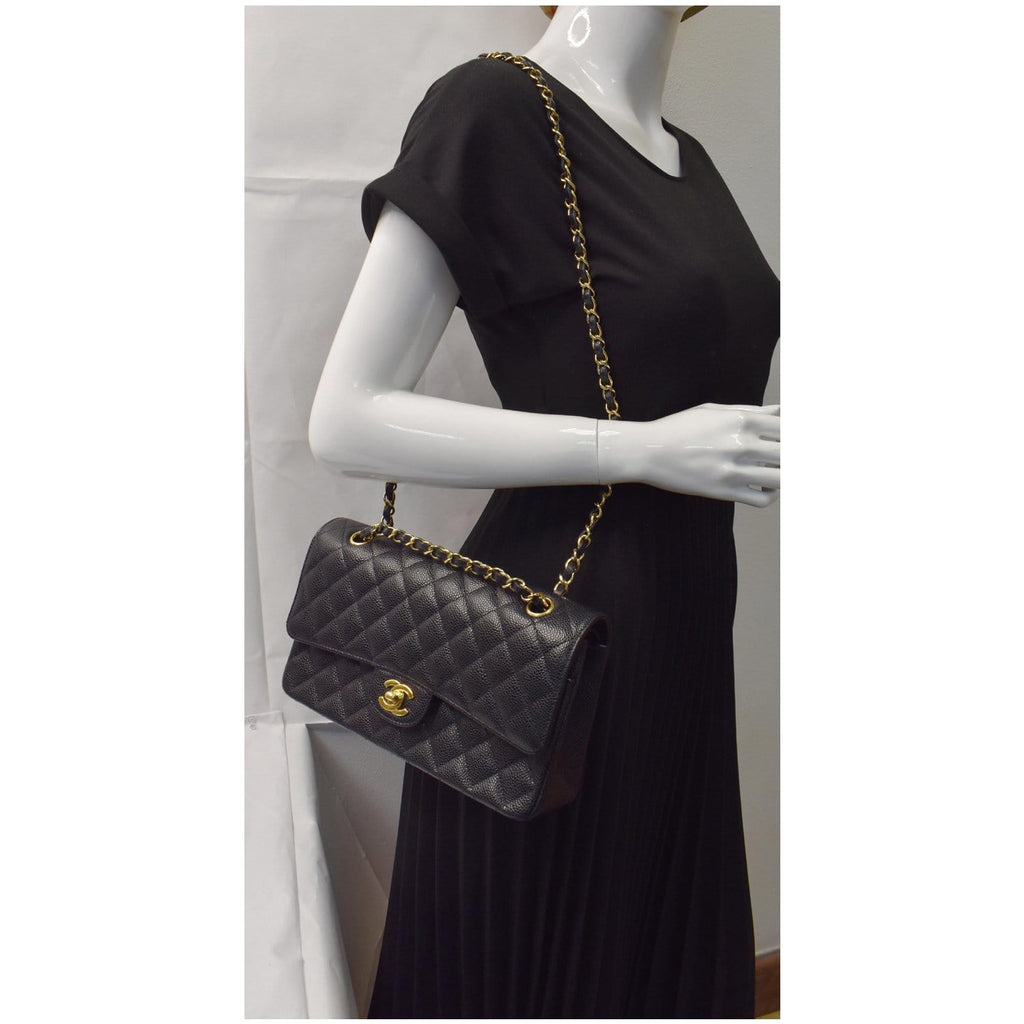 CHANEL Medium Double Flap CC Caviar Leather Shoulder Bag Black
