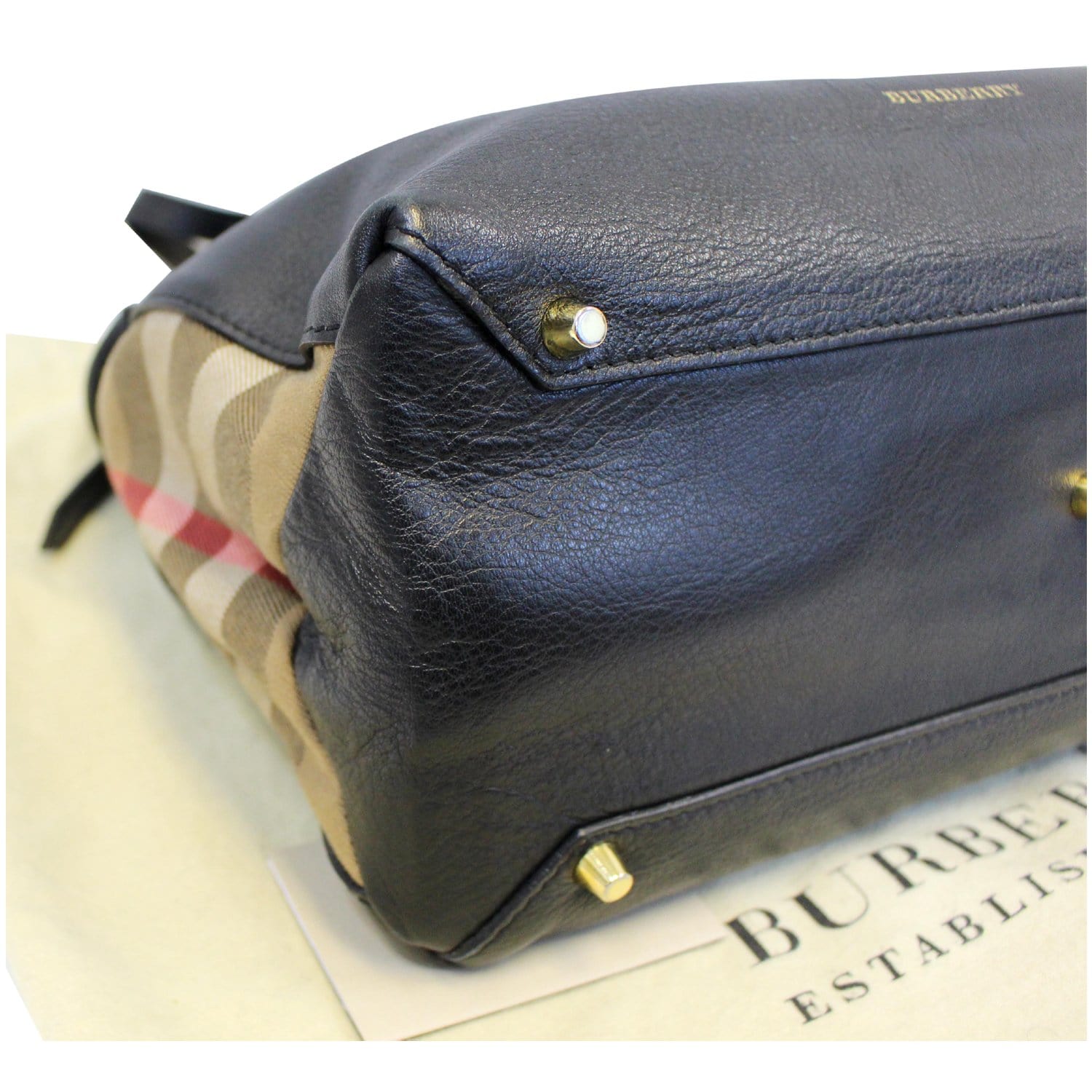 BURBERRY Black Calf Leather House Check Medium Banner Tote Bag