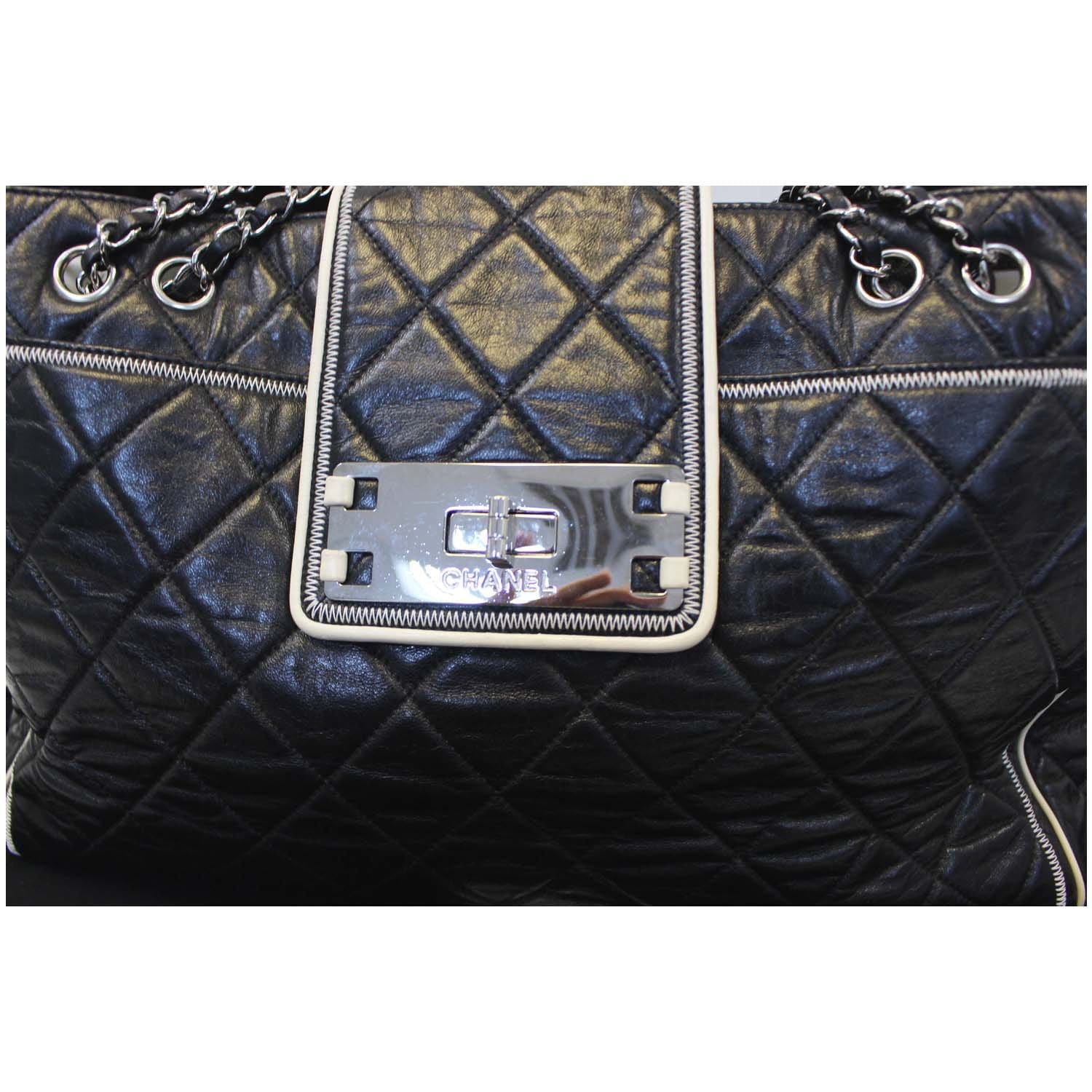 CHANEL East West Large Lambskin Quilted Leather Tote Shoulder Bag Black