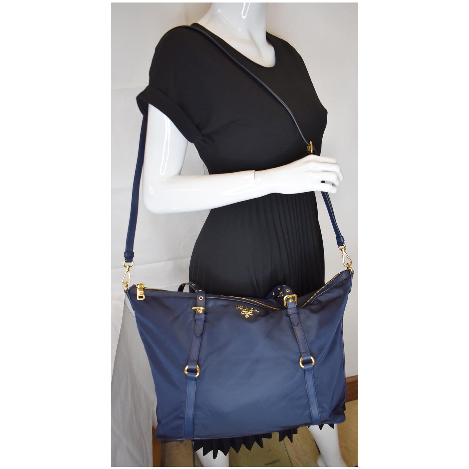 PRADA Tessuto Saffiano Nylon Tote Shoulder Bag Blue