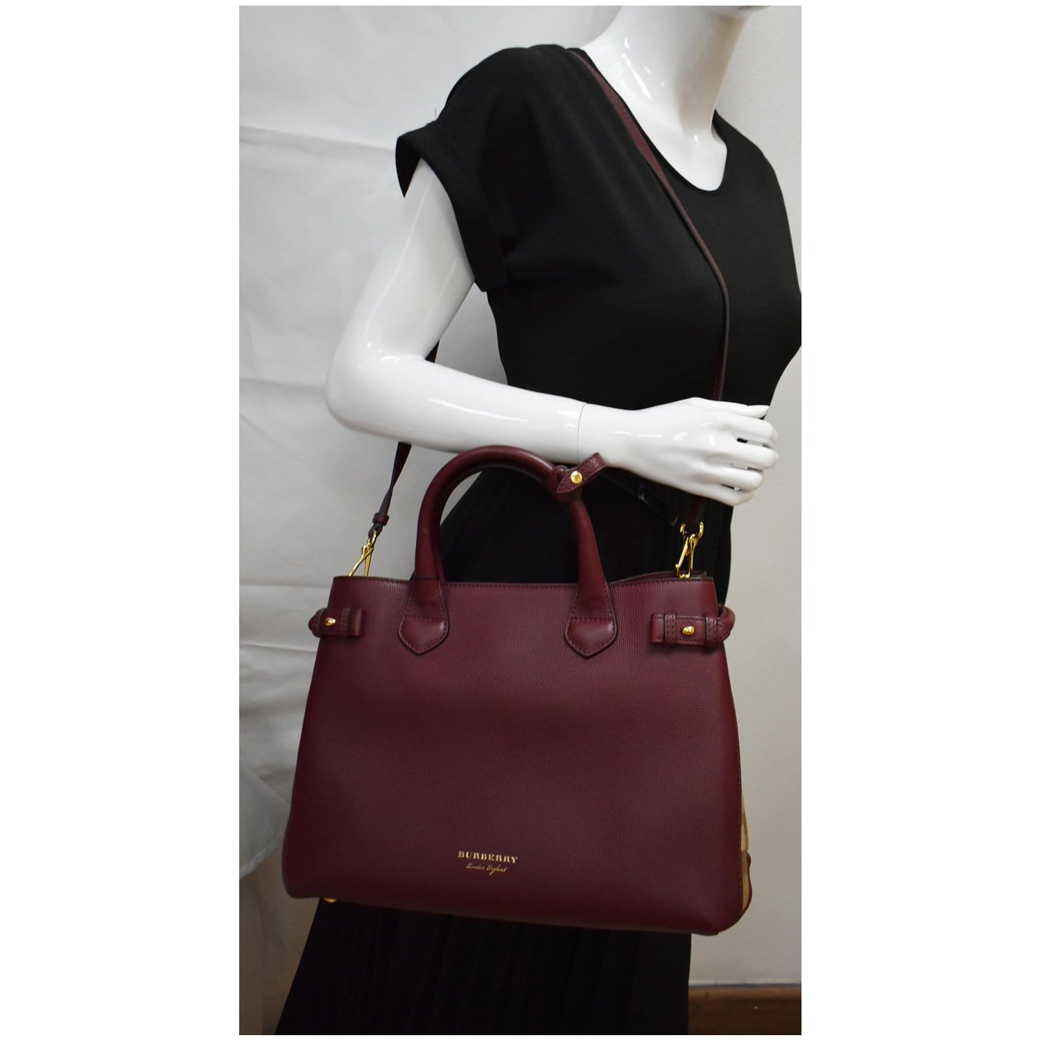 BURBERRY Banner Medium Leather Tote Shoulder Bag Red
