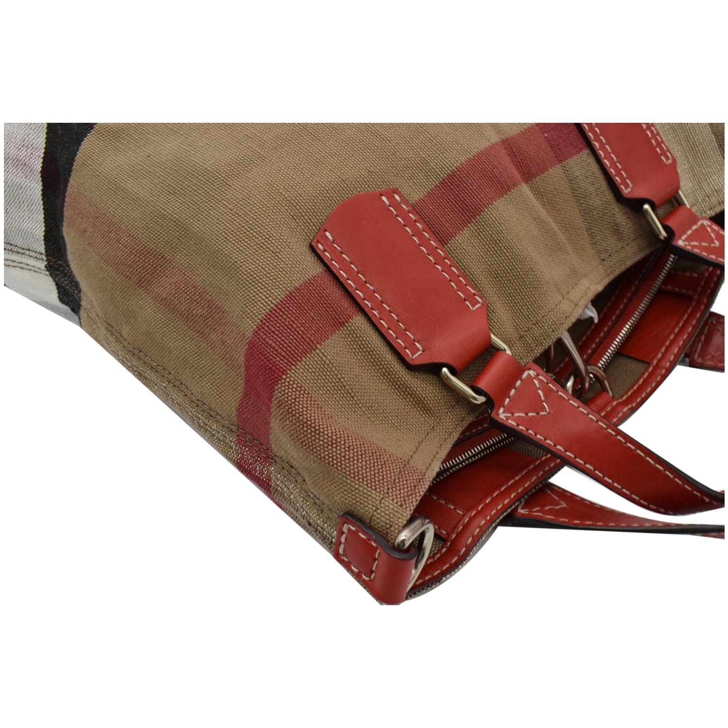 BURBERRY Susanna Medium Check Canvas Leather Bucket Shoulder Bag Red