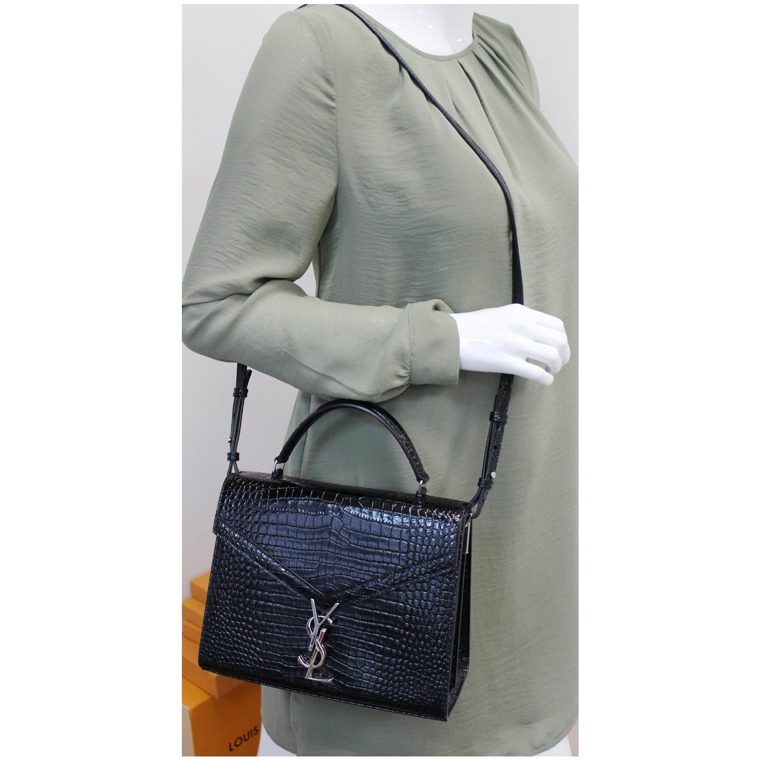 YVES SAINT LAURENT Cassandra Top Handle Embossed Shoulder Bag Black
