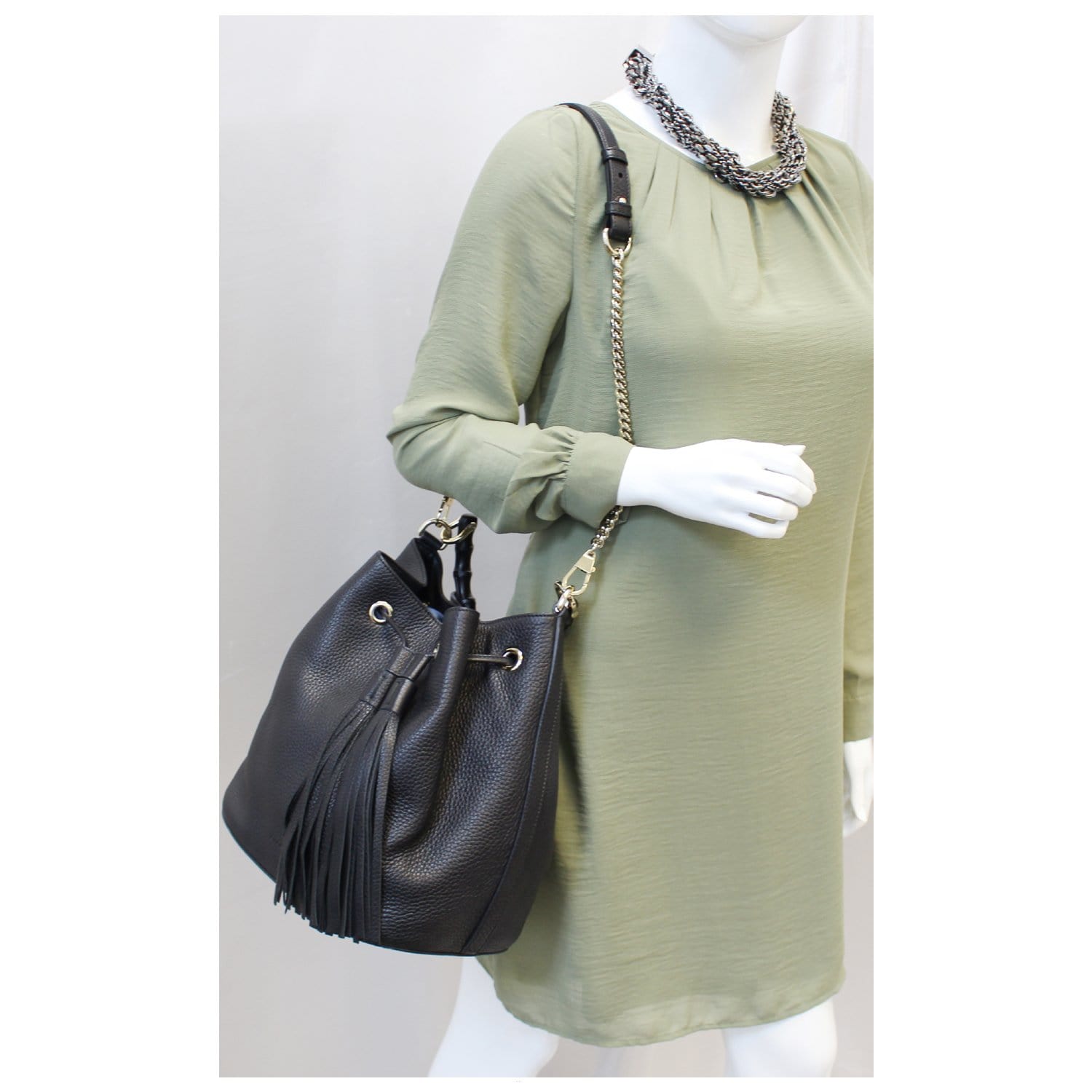 GUCCI Miss Bamboo Medium Leather Bucket Shoulder Handbag Black 387613