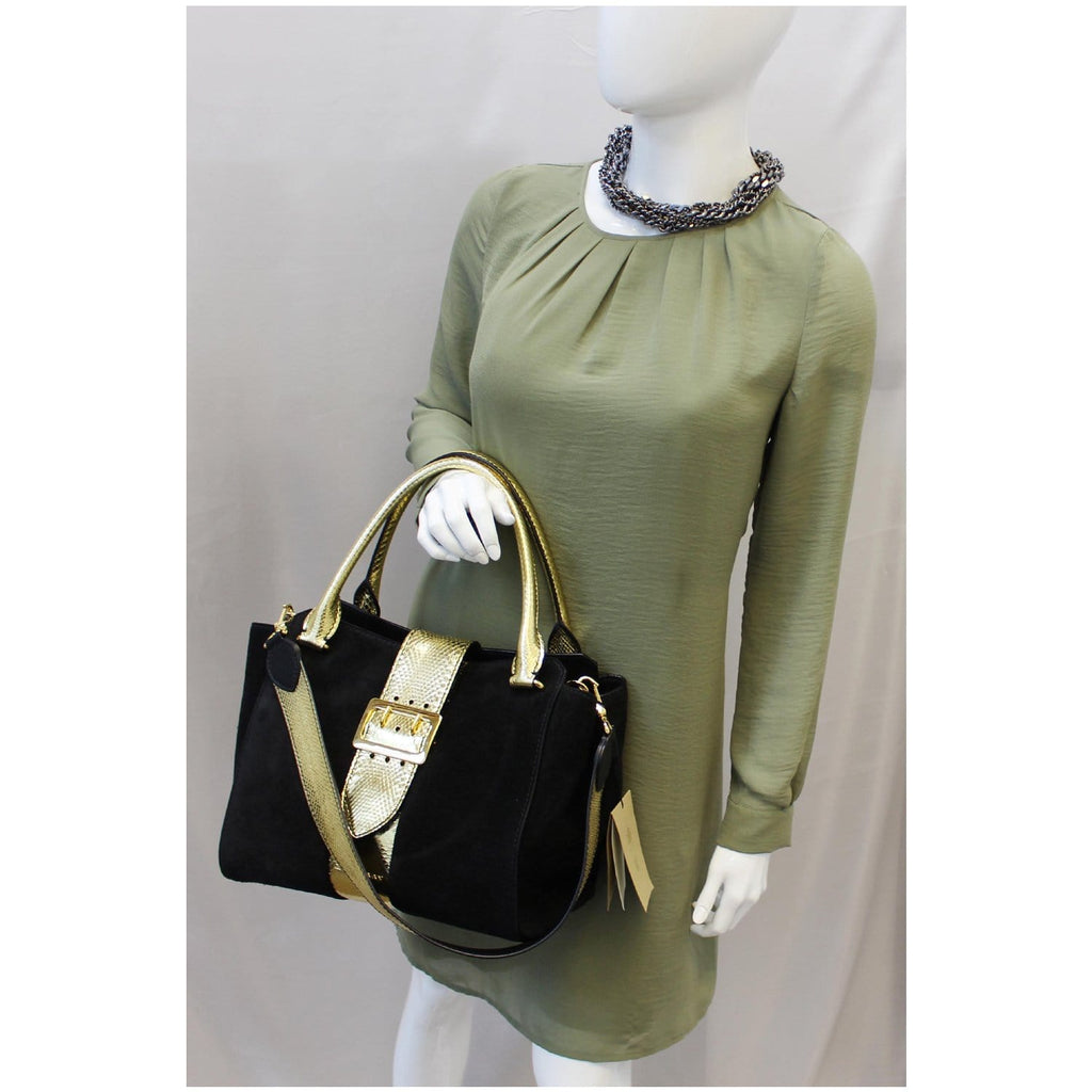 BURBERRY The Medium Buckle Suede and Snakeskin Tote Shoulder Bag Black