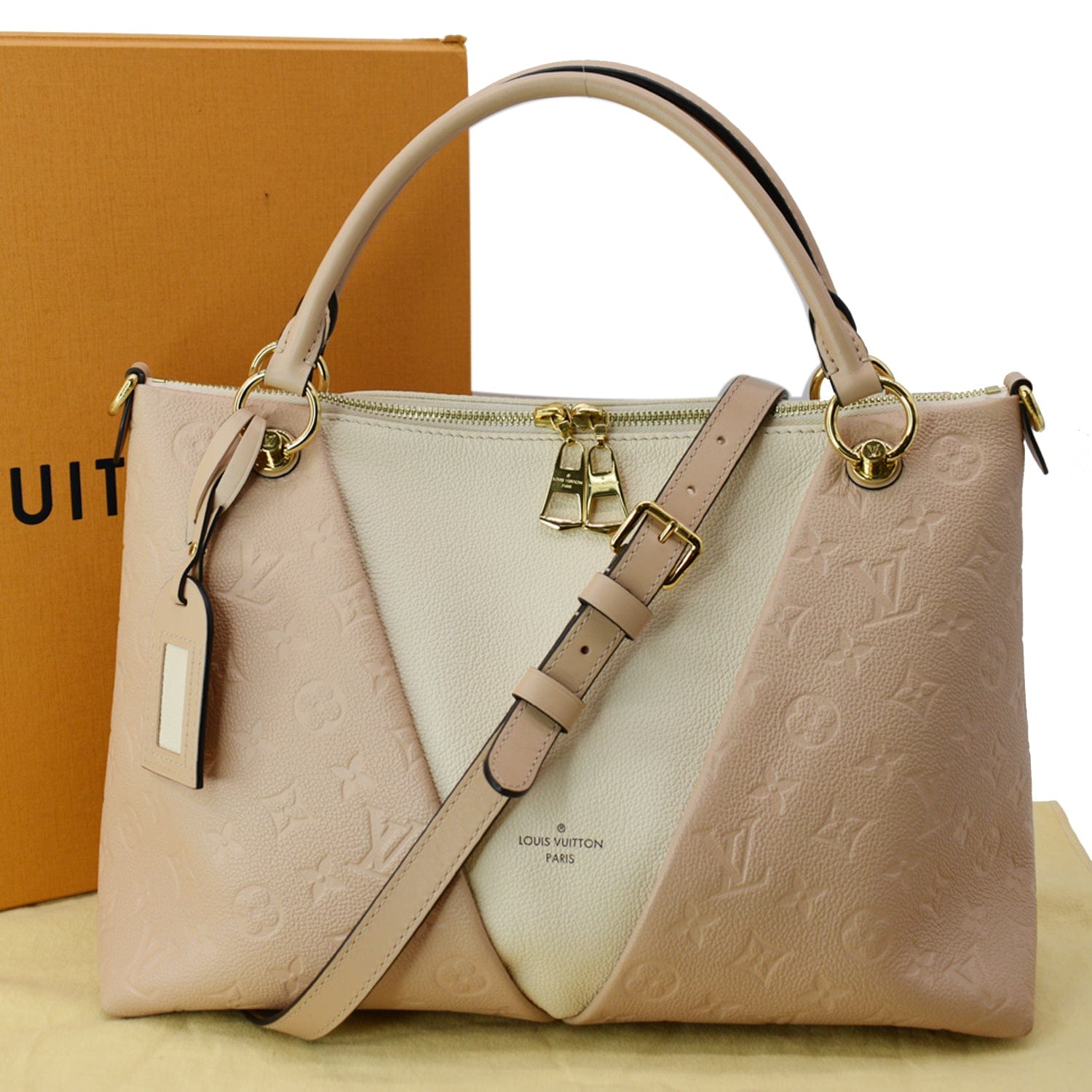 LOUIS VUITTON V MM Monogram Empreinte Tote Shoulder Bag Rose