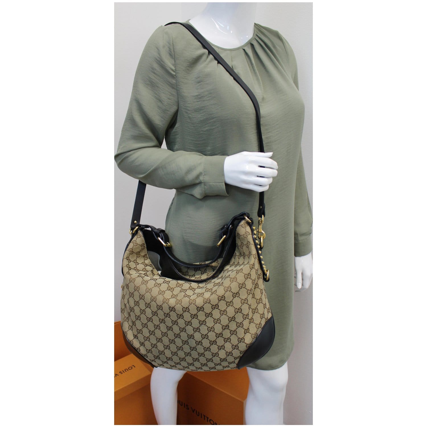 GUCCI Patti Studded Canvas Hobo Shoulder Bag Black 296870