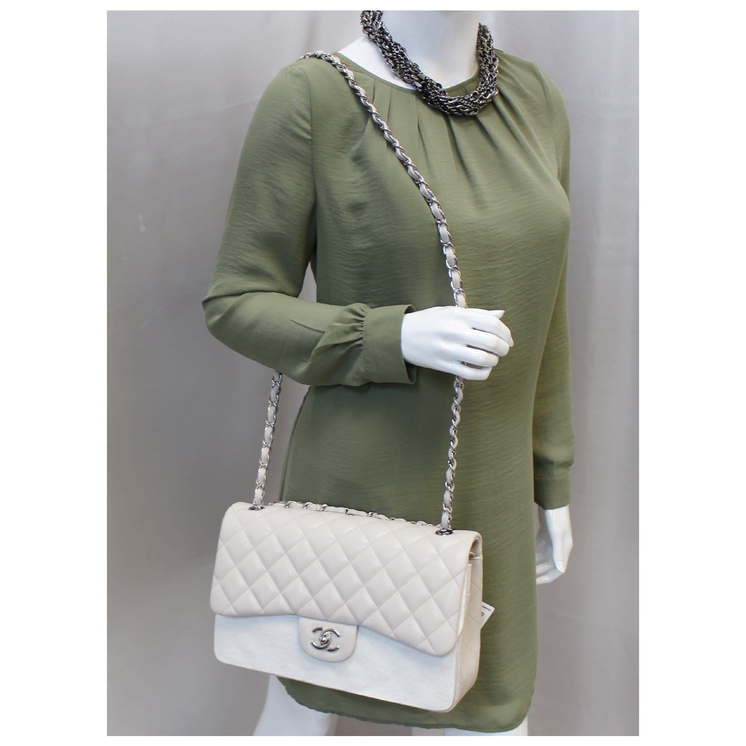 CHANEL Classic Jumbo Double Flap Caviar Leather Ivory Shoulder Bag