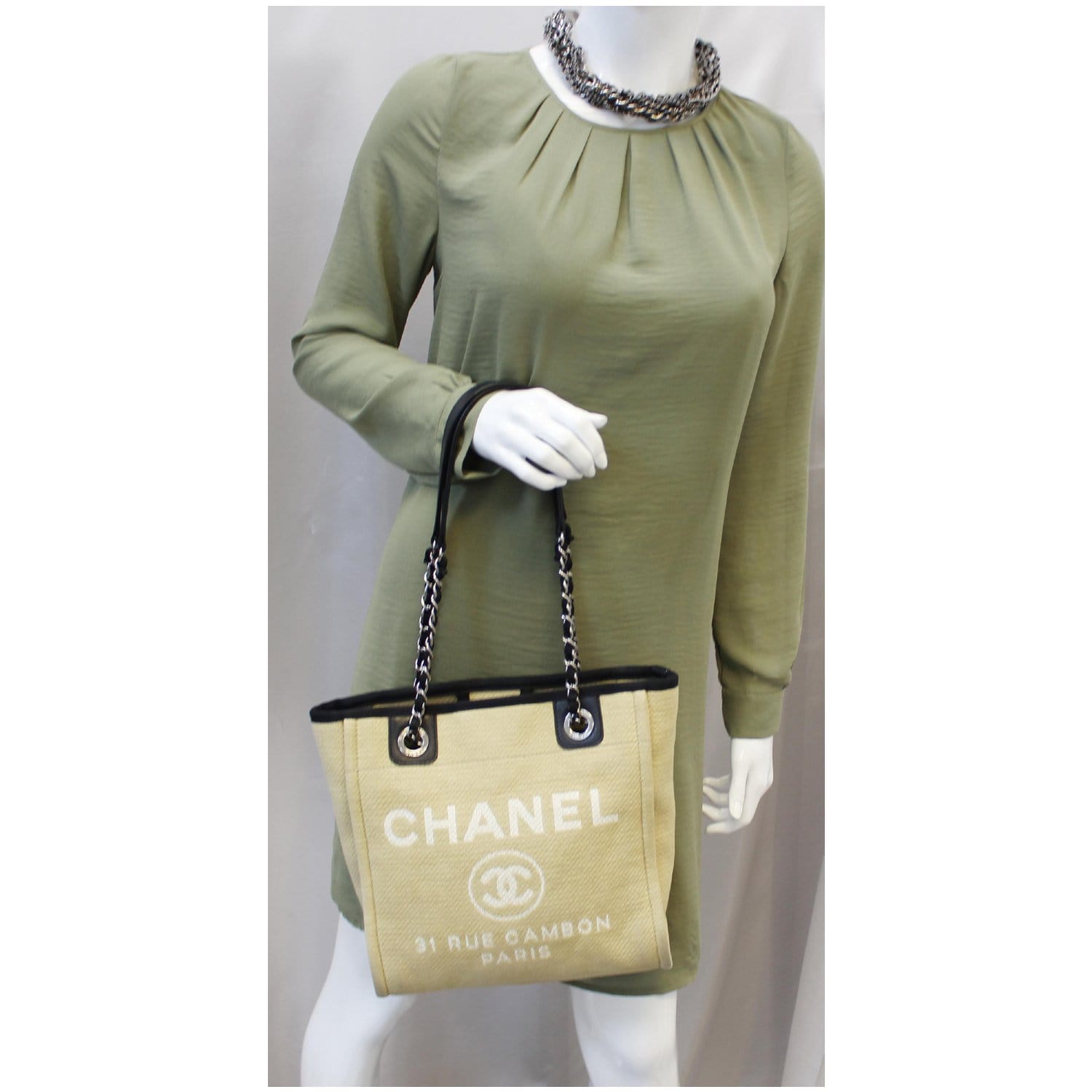 CHANEL Deauville Mini Chian Tote Bag Beige/Black