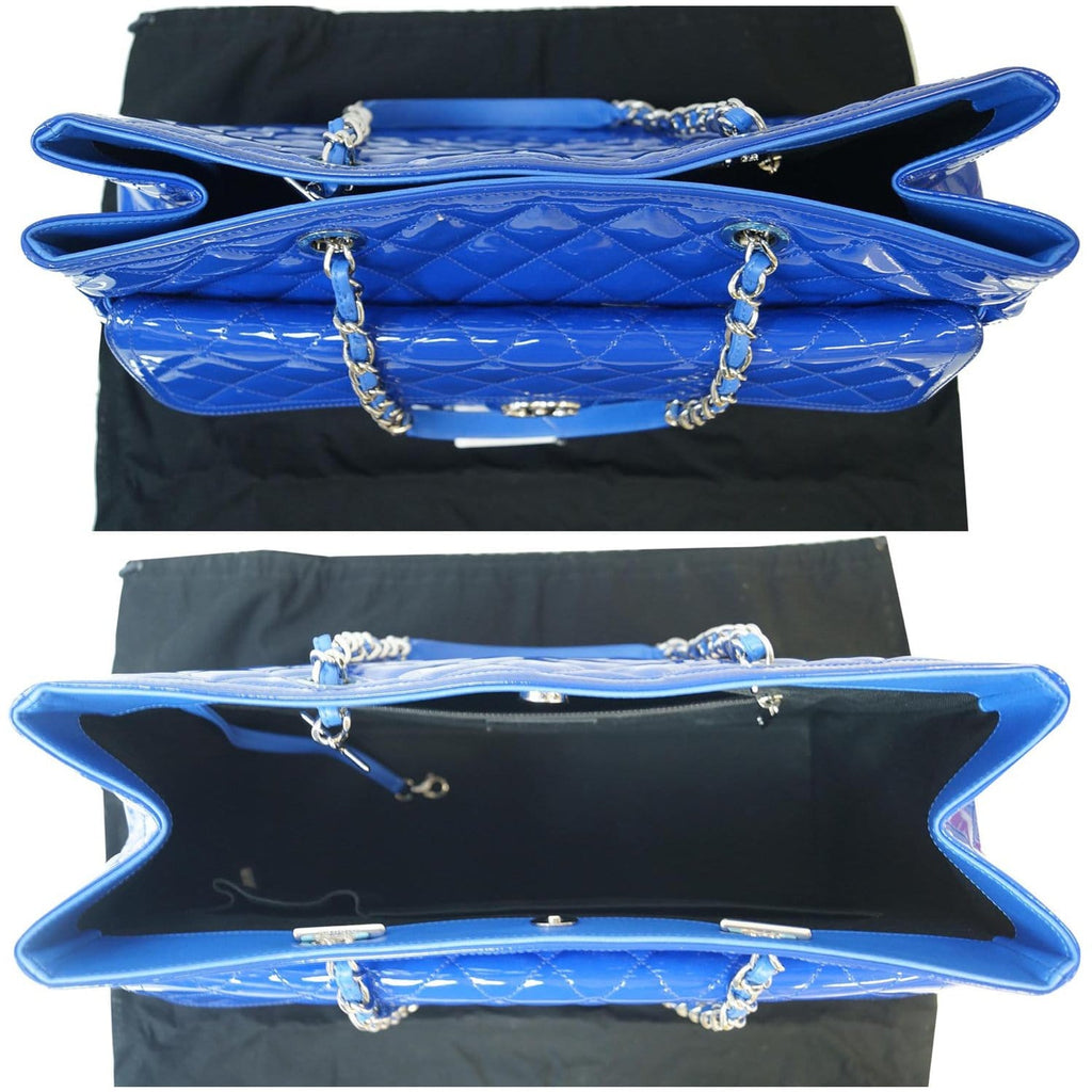 CHANEL Large Coco Shine Patent Quilted Leather Shopping Tote Blue