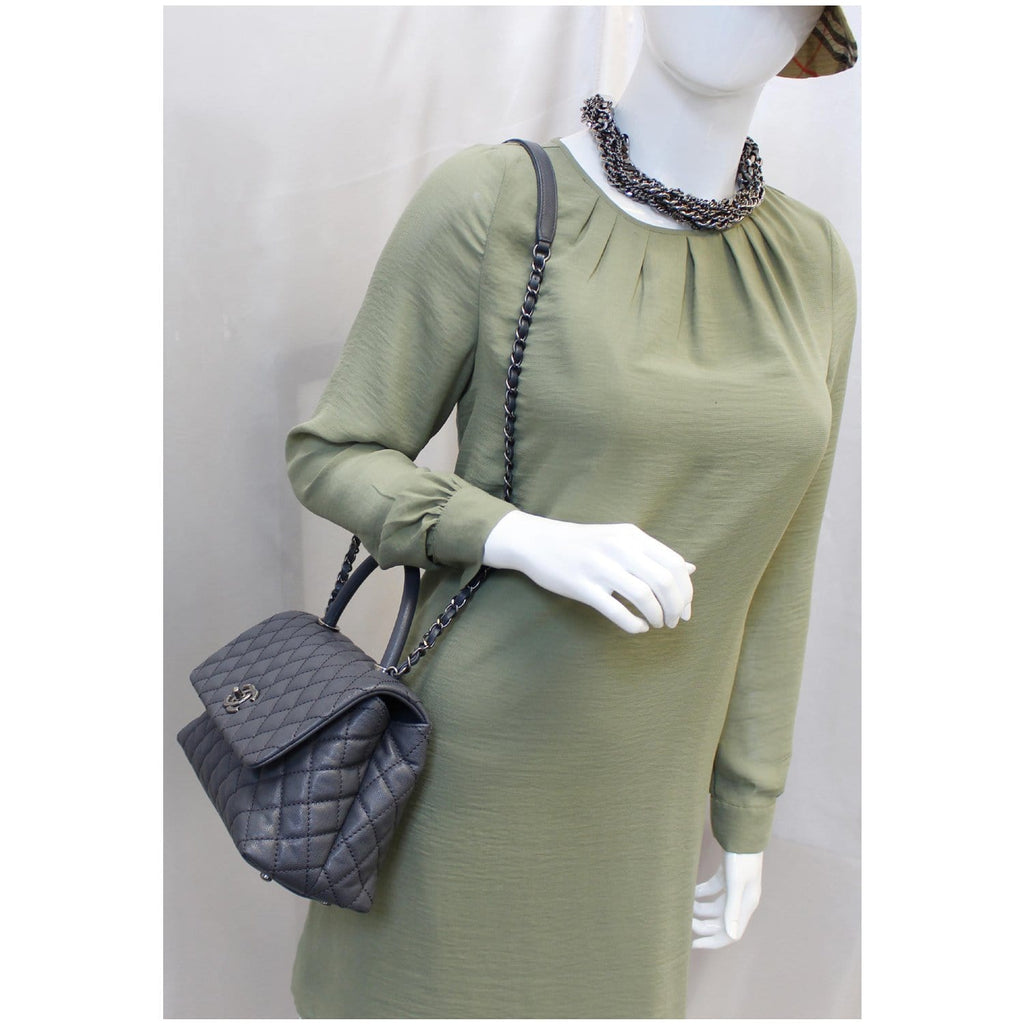 CHANEL Coco Handle Caviar Quilted Leather Shoulder Bag Grey