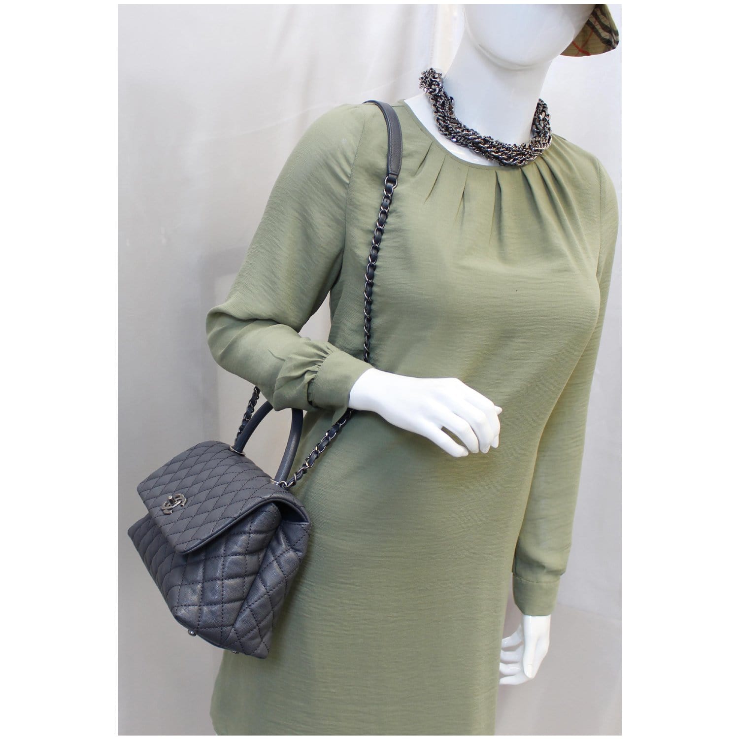 CHANEL Coco Handle Caviar Quilted Leather Shoulder Bag Grey