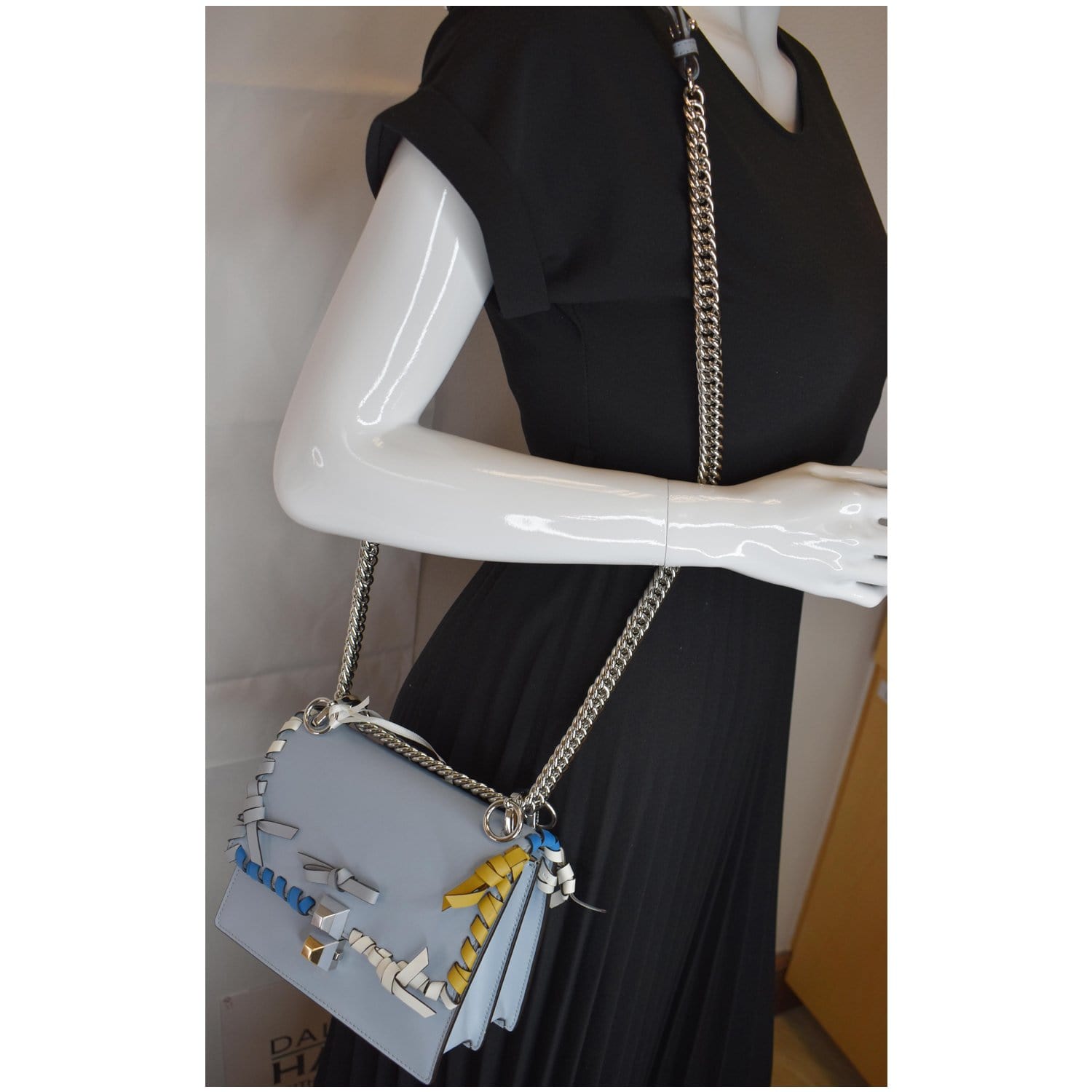 FENDI Vitello Liberty Whipstitch Bow Small Kan I Shoulder Bag Light Blue - Final Sale