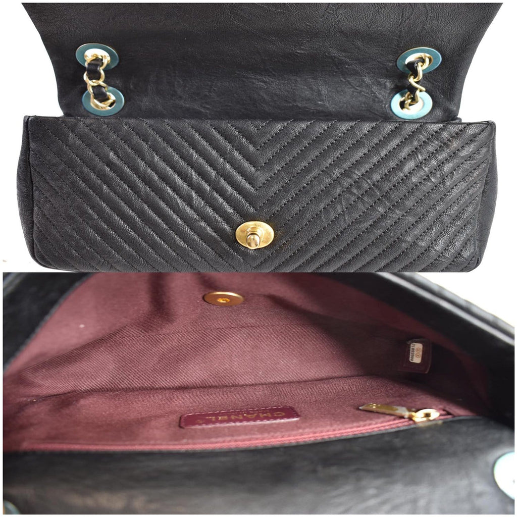 CHANEL Surpique Chevron Calfskin Classic Flap Shoulder Bag Black