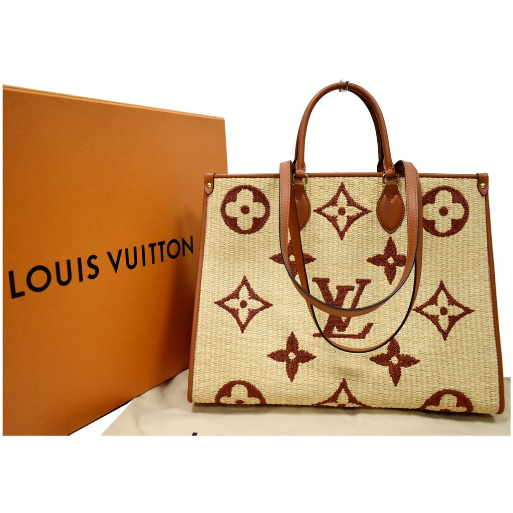 LOUIS VUITTON Onthego MM Monogram Raffia Shoulder Bag Tan