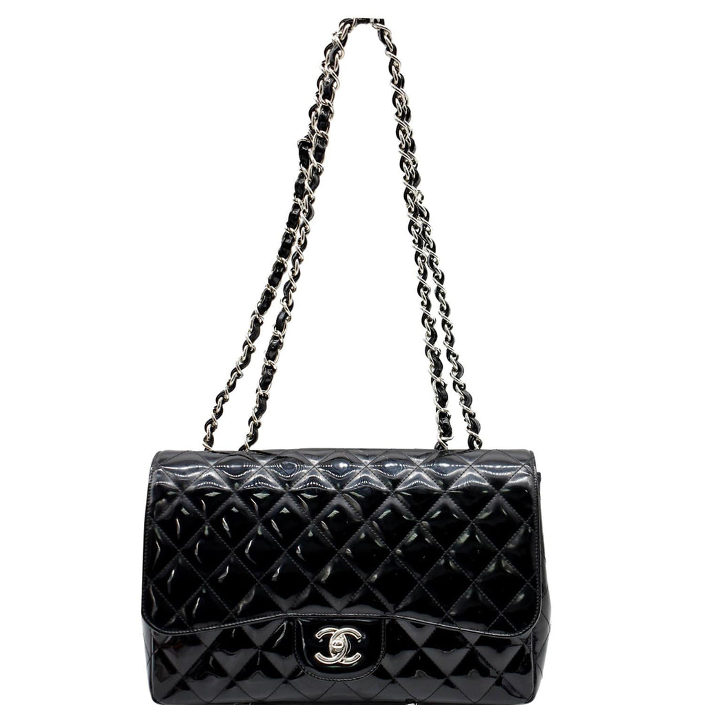 CHANEL Jumbo Single Flap Patent Leather Shoulder Bag Black