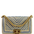 CHANEL Medium Boy Chevron Cotton Mixed Fibers Shoulder Bag Beige